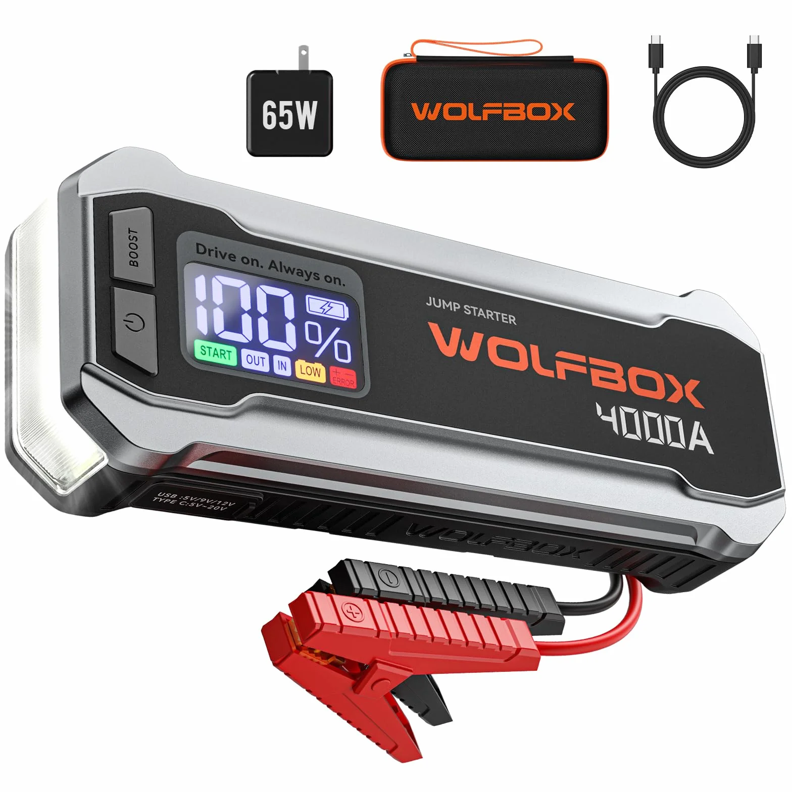 WOLFBOX 4000 A Jump Starter Power Pack, rozrusznik akumulatora samochodowego 12 V z szybką ładowarką 65 W, akumulator 24000 mAh (silnik wysokoprężny 10 l gazowy 10 l) ze światłem LED, wzmacniaczem