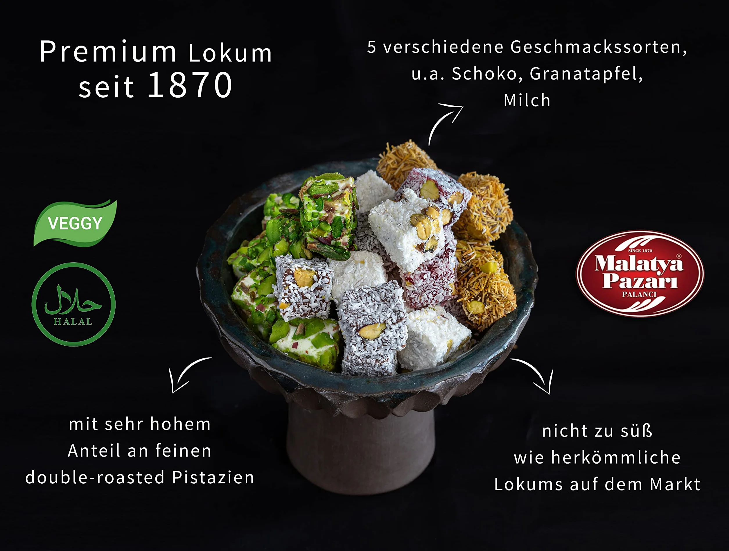 Palanci | Mieszanka tureckiej słodyczy | Pascha Turkish Delight | Premium lokum od 1870 roku | Veggie | Galaretka owocowa z pistacjami, orzechami laskowymi, czekoladą, granatem | Mieszanka słodyczy