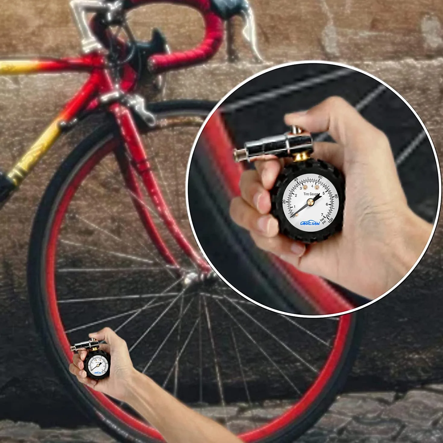 Godeson Manometr do opon rowerowych, 100 psi/7 barów, manometr do zaworu Presta, akcesoria rowerowe odpowiednie do roweru szosowego, wskaźnik mechaniczny, brak baterii