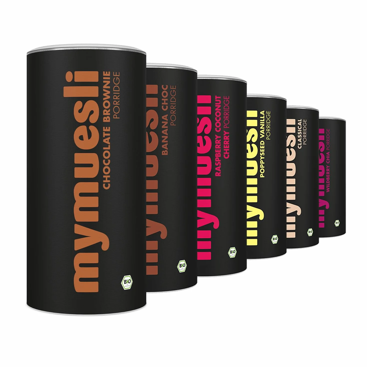 Mymuesli puszka owsianka 6 x 400 g z sernikiem jagodowym, Classic Pur, Wildberry Chia, Mak waniliowy, Choco Banana, Chrupiący cynamon jabłkowy