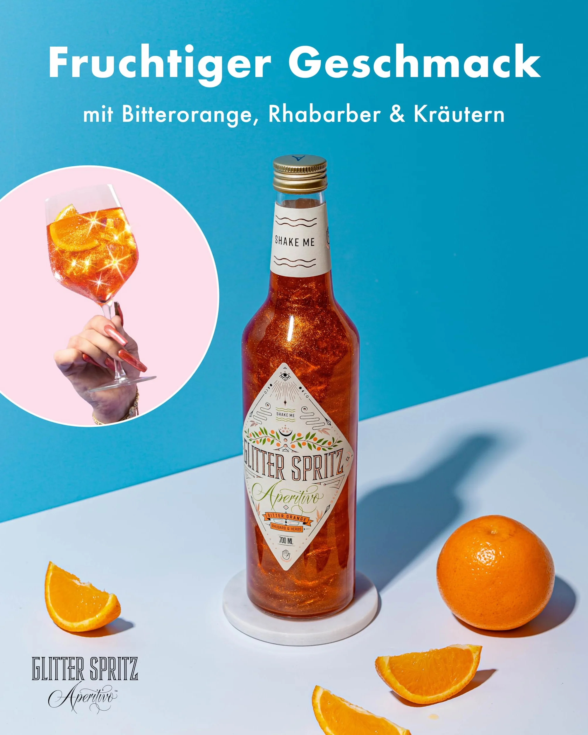 Glitter Spritz bez alkoholu, 0,7 l – aperitivo brokat aperitivo z gorzką pomarańczą, rabarbarem i ziołami, aperitif do włoskiego sprayu i na specjalne okazje (1 x 0,7 l)