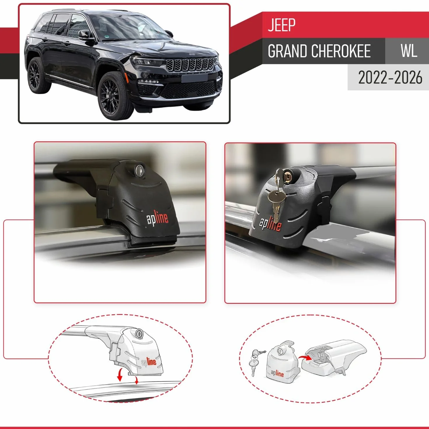 Kompatybilny z Jeep Grand Cherokee (WL) 2022-2026 ACE-2 Model Aluminiowy bagażnik dachowy 2 poprzeczki, szary