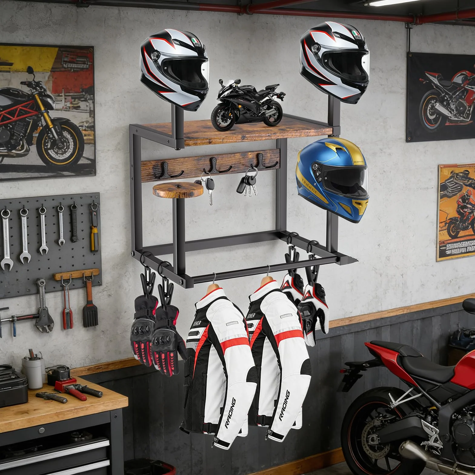 Uchwyt na kask, uchwyt ścienny, stojak na kask motocyklowy, stojak na płytę, organizer z 1 drewnianą deską, 4 stojakami na kask i hakami do motocykla, piłki nożnej, sprzętu rowerowego