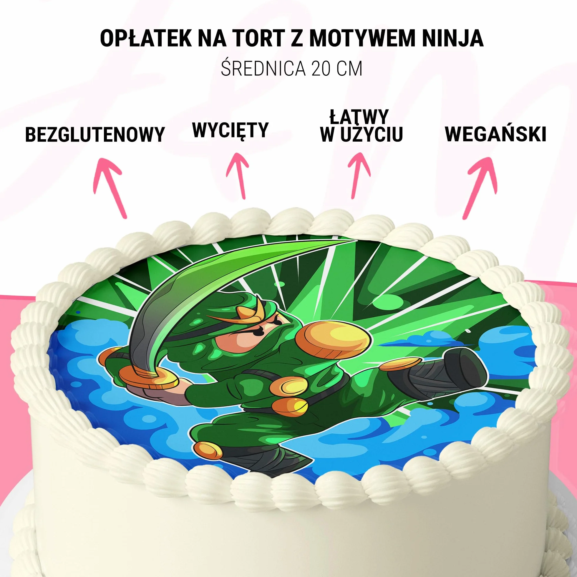 J&M DECO Opłatek na tort Ninja Ø20 cm – jadalna dekoracja urodzinowa z motywem wojownika – topper tortowy dla dzieci – bezglutenowy i wegański