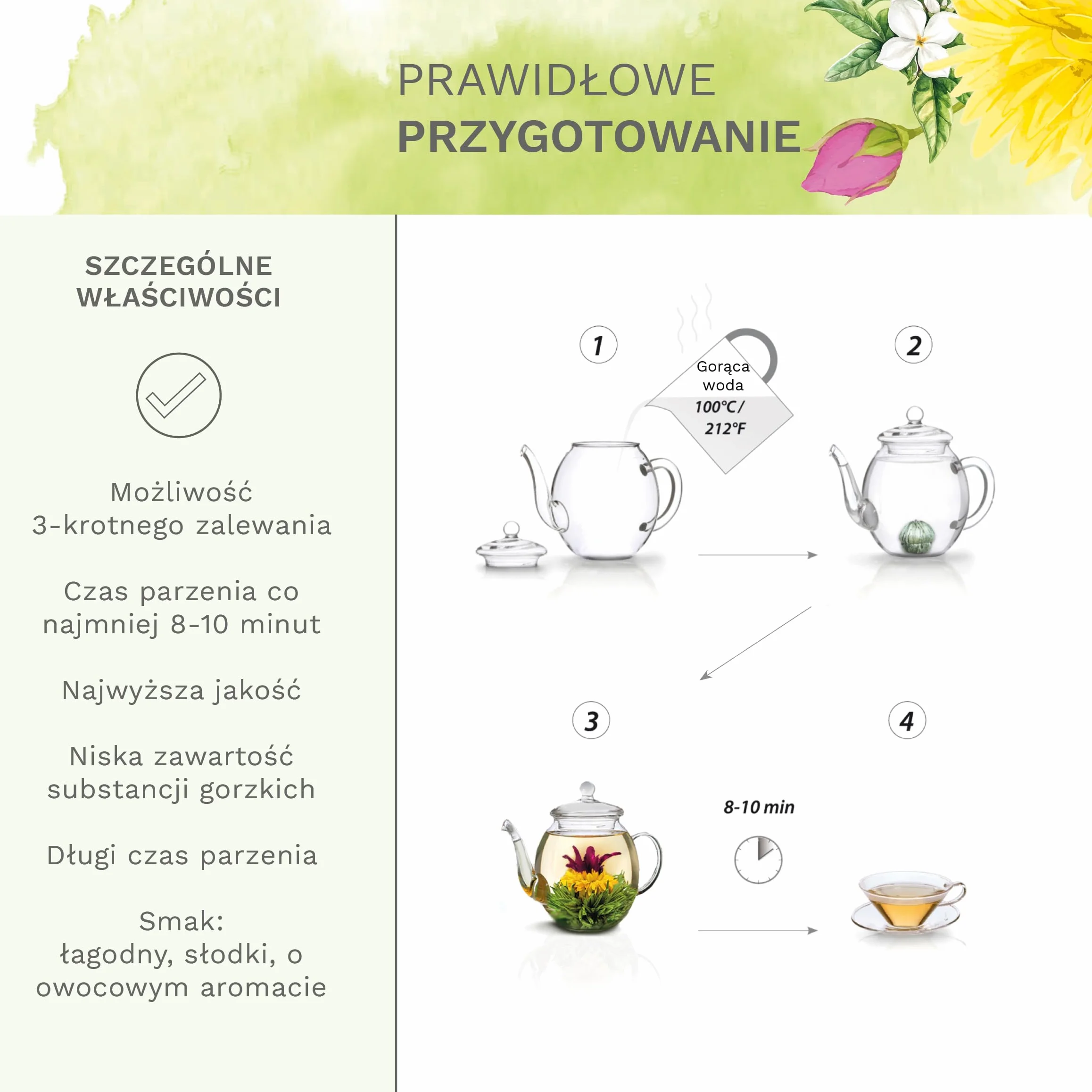 Zestaw prezentowy Creano z herbatą kwitnącą – wzór kwiatowy – herbata kwitnąca Spring Harvest z dzbankiem szklanym o pojemności 500 ml i 6 zielonymi herbatami – prezent na Walentynki, Dzień Matki