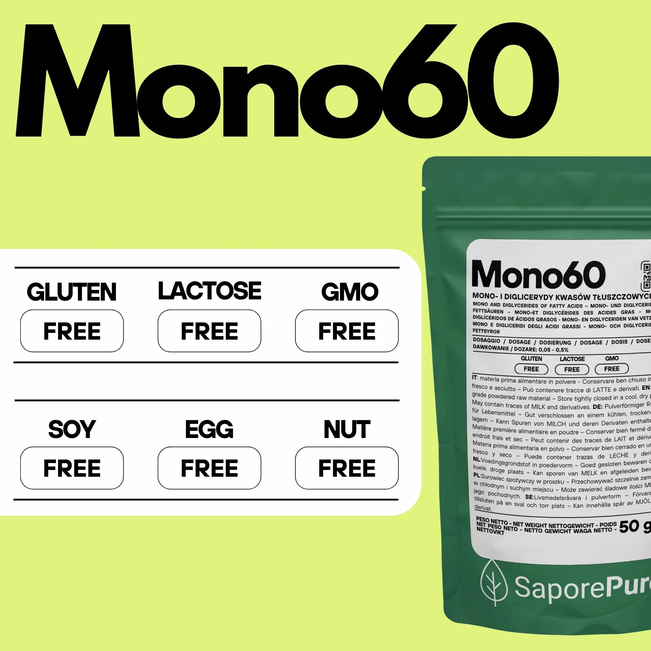SaporePuro Mono60 – Mono- i Diglicerydy Kwasów Tłuszczowych 50 g – Roślinny, Bezglutenowy Emulgator Spożywczy do Lodów, Sorbetów, Margaryn, Kremów i Wyrobów Cukierniczych