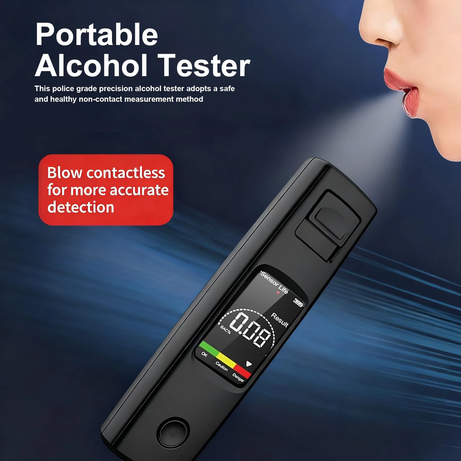Alkomat bezdotykowy z wyświetlaczem LCD, 3-kolorowy alarm, przenośny miernik alkoholu do samochodu