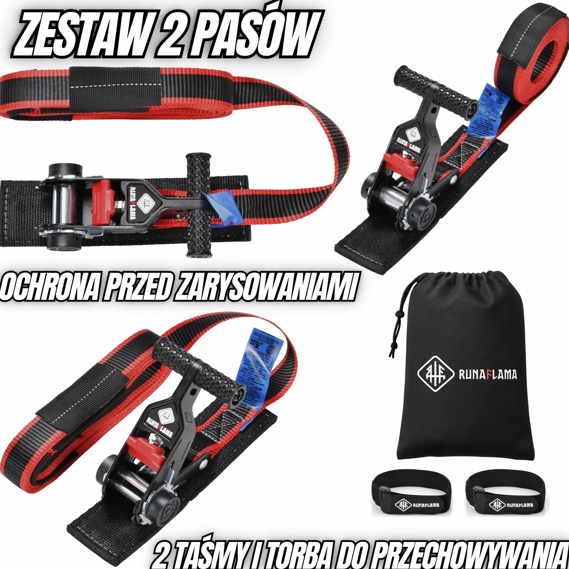 Pasy Transportowe z Grzechotką 1600 kg, Pasy Mocujące do Bagażnika Dachowego, Surf, Kayak, Paddle, Rowerów, z Ochroną Antyrysową, EN 12195-2, Zestaw 2 Pasy 3,5 m