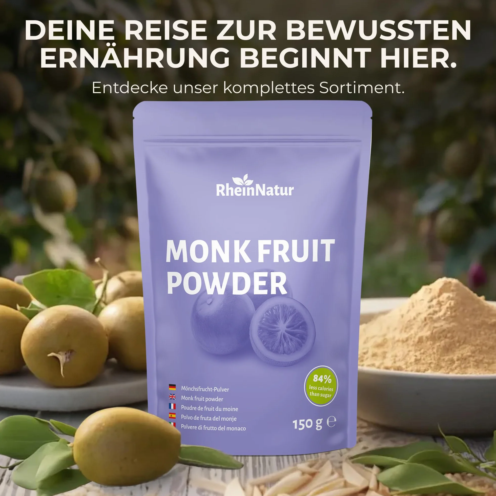 RheinNatur Proszek z owoców mnicha 150 g naturalny substytut cukru bez cukru wegański niskokaloryczny