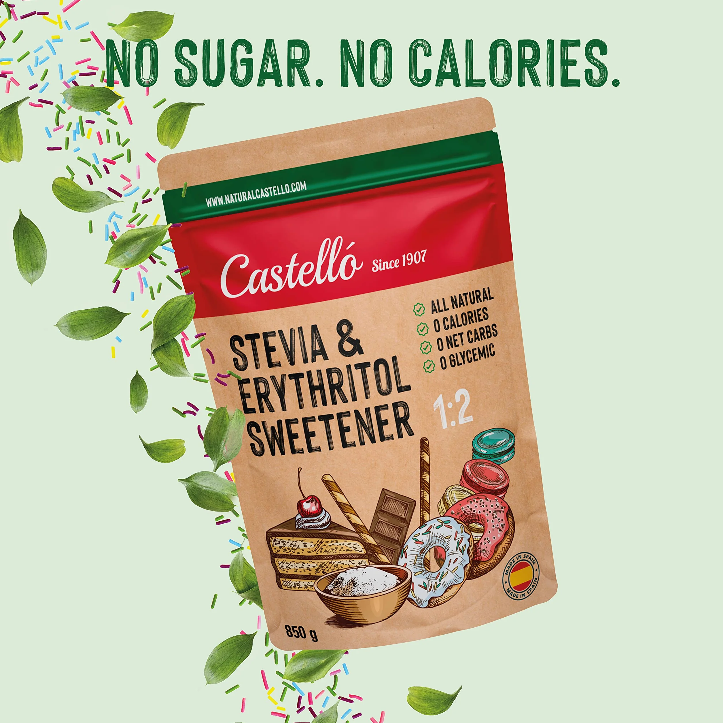 Słodzik Stevia + Erytrytol 1:2 | 1g = 2g cukru | Słodzik o 100% naturalnym smaku - 0 Kalorii - 0 Indeks Glikemiczny - Keto i Paleo - 0 Węglowodanów Netto - Bez GMO - Castello since 1907-850 g