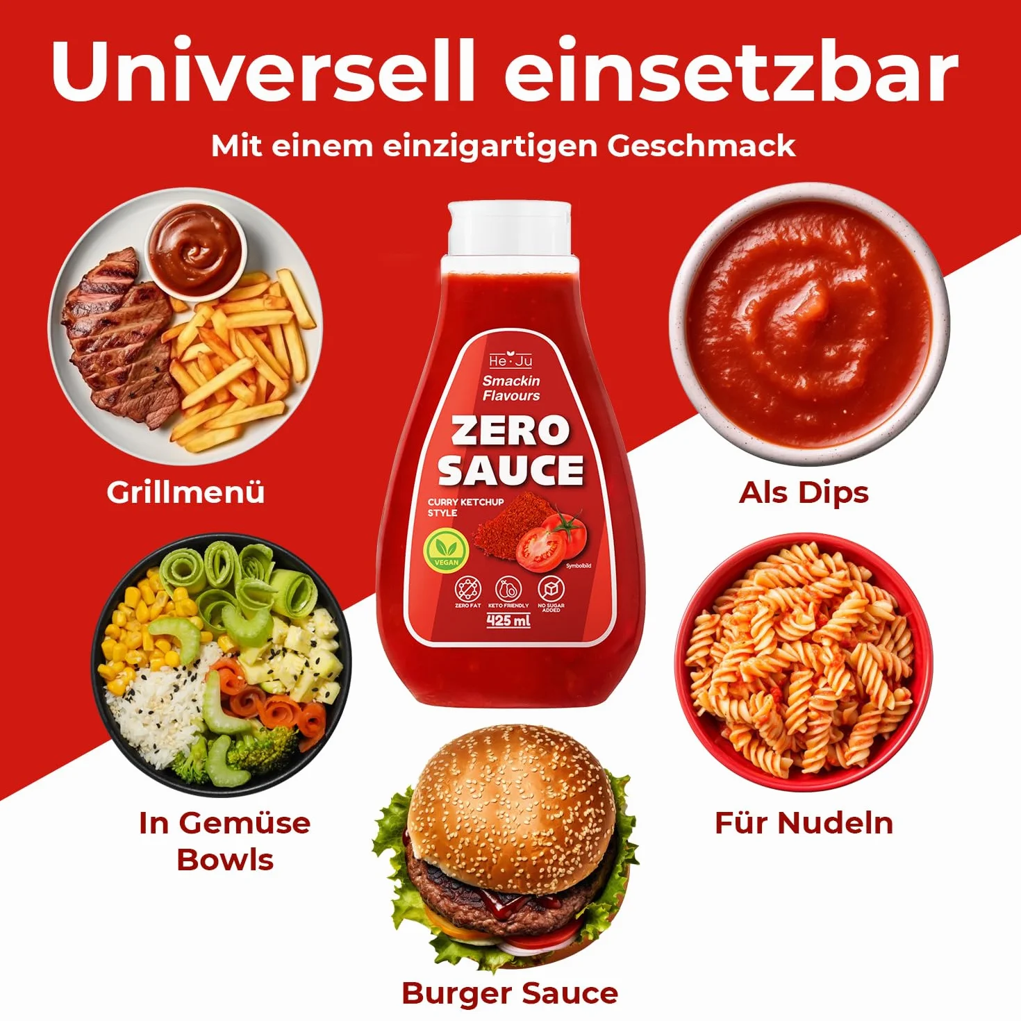 Zero Sauce Curry Ketchup, 1x 425ml sauce light, sans graisse et sans sucre ajouté, végétalien et sans gluten, adapté au régime céto (425 ml (1 paquet), Curry Ketchup Style)