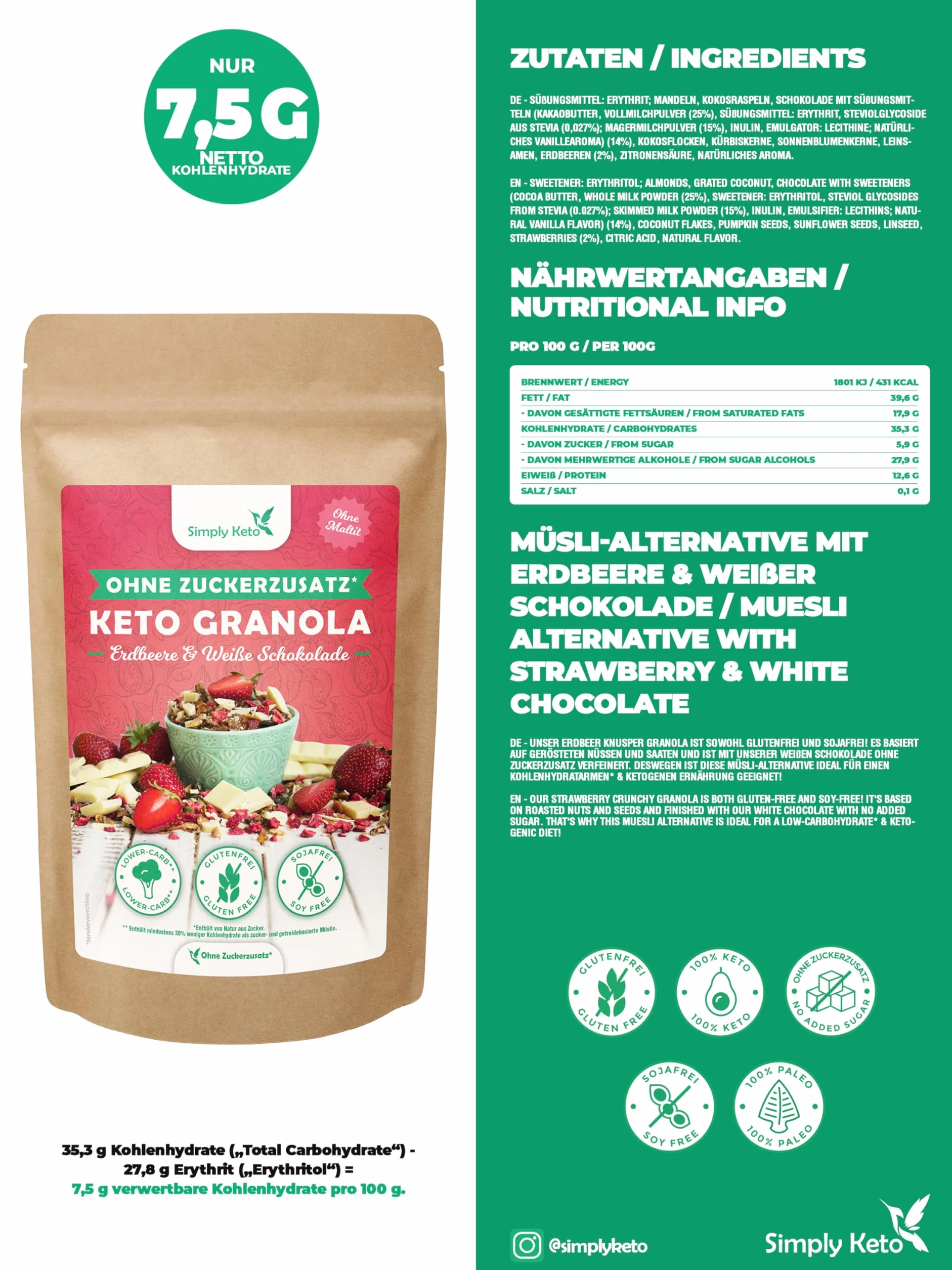 Simply Keto Niski poziom węglowodanów Erdbeer Knusper Granola z białą czekoladą bez dodatku cukru 250g