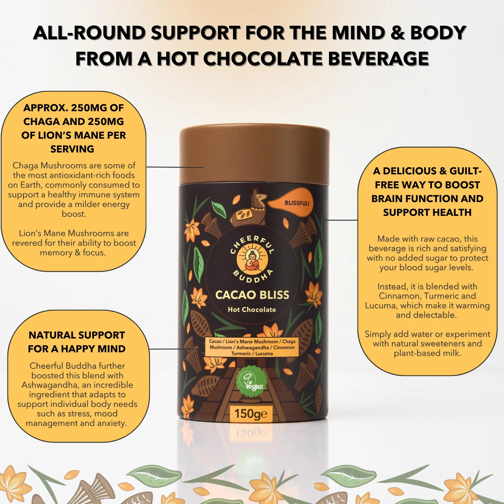 Cheerful Buddha Cacao Bliss gorący napój czekoladowy - energetyzująca alternatywa dla kawy, wzmocniony superfoods|mniej wstrząsów| bez dodatku cukru | przyjazny dla wegańskich | 150 g