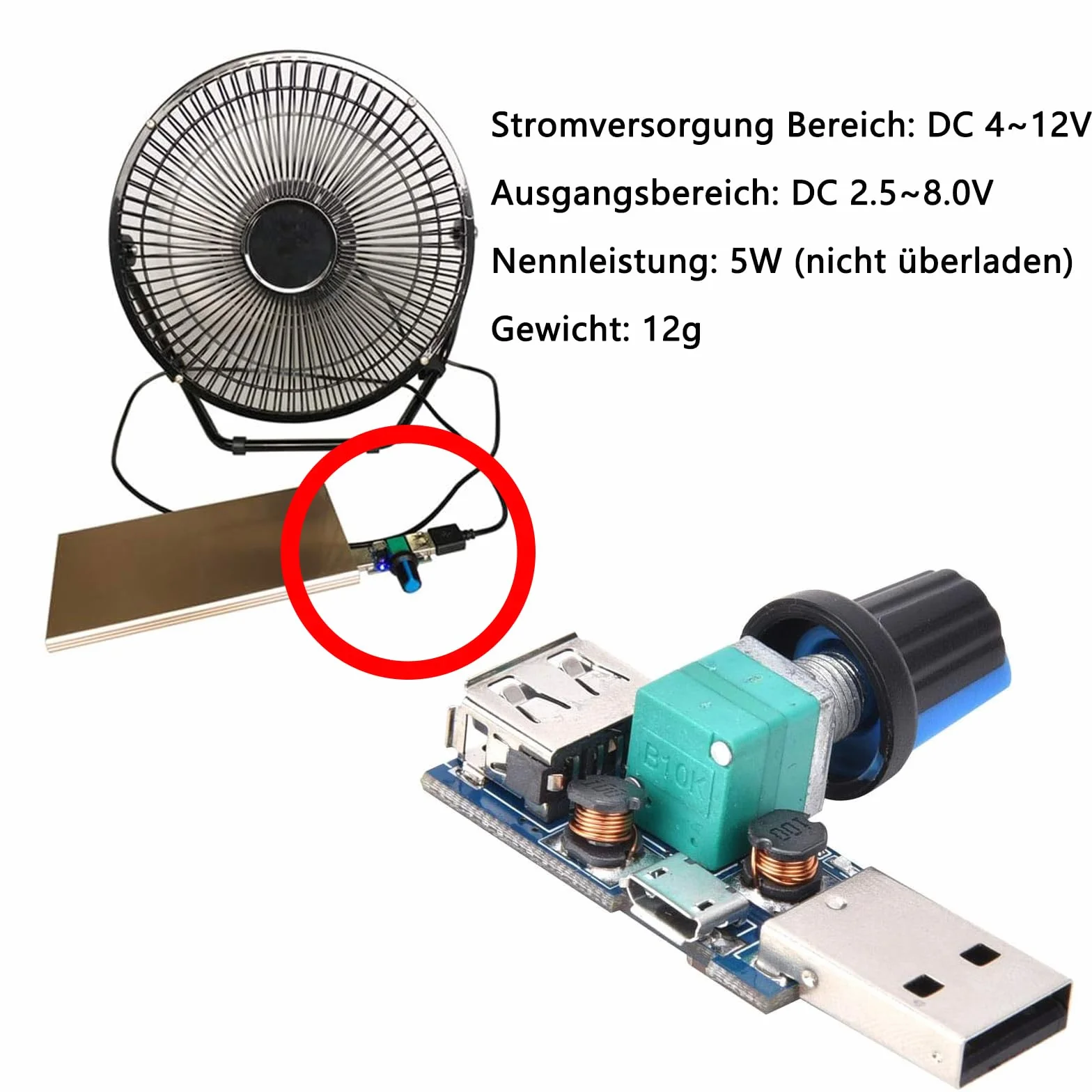 GERUI Mini wentylator 5 V, regulator prędkości obrotowej USB, regulator prędkości obrotowej DC 4-12 V do 2,5-8 V, regulator prędkości obrotowej z przełącznikiem