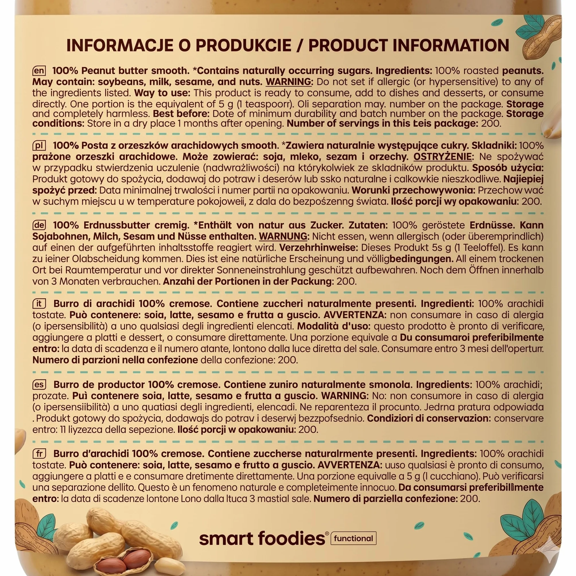 SMARTFOODIES Masło Orzechowe 100% 1kg Pasta Arachidowa Kremowa Bez Cukru Bez Soli Oleju Palmowego 28g Białka Wegańskie