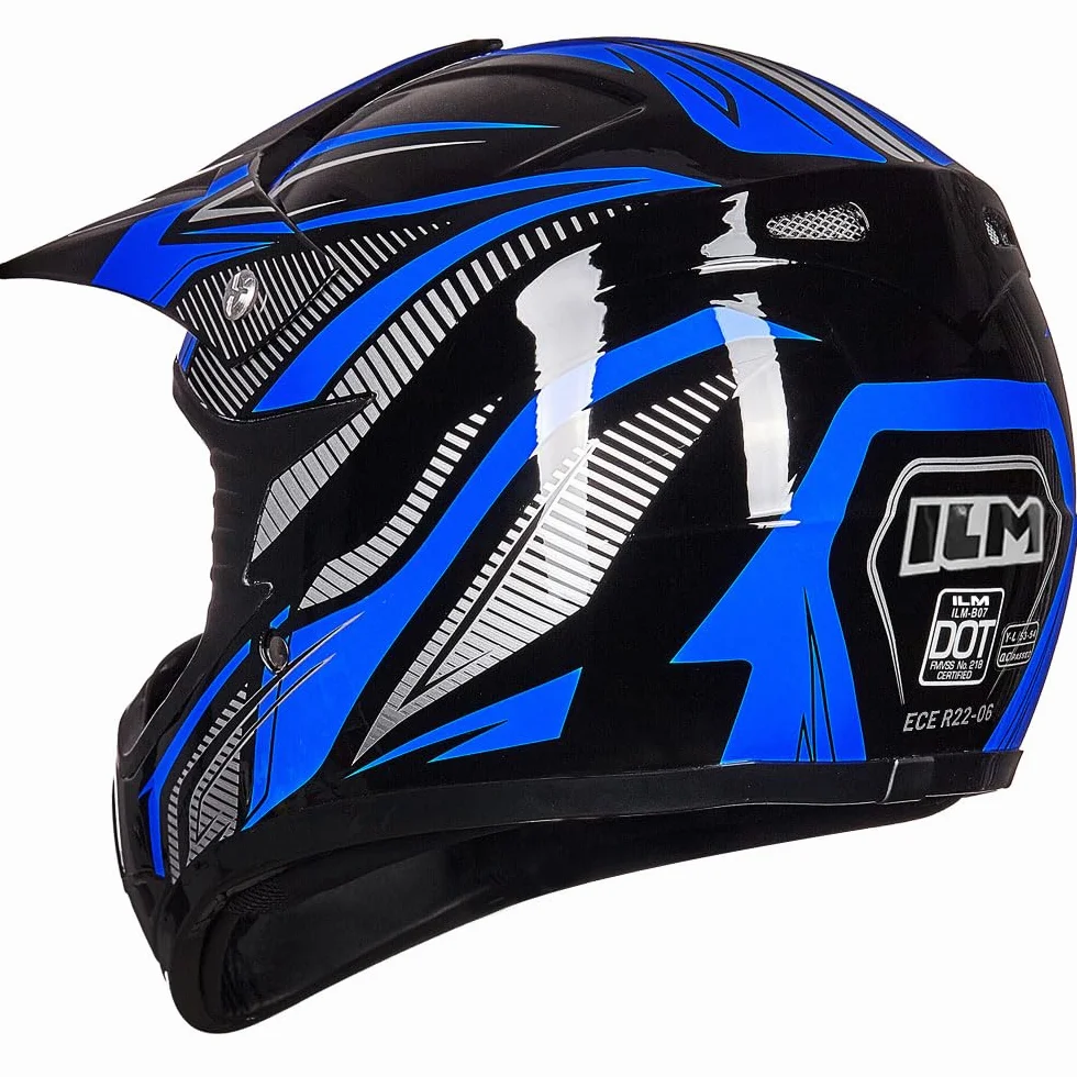 ILM Dziecięcy kask motocyklowy Cross Dirt Bike dla chłopców i dziewcząt, uniseks, homologacja ECE22.06 Full Face Off Road MTB ATV Enduro MTB z rękawicami Gogle Model B07, czarny niebieski, L