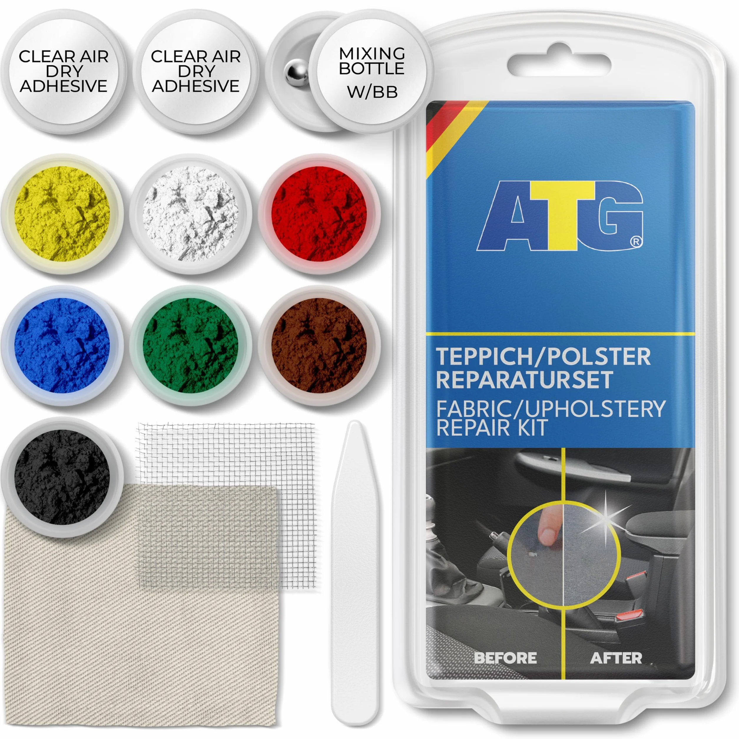 ATG® Zestaw do naprawy tkanin – naprawa wypaleń i małych dziur w tapicerce, dywanach, fotelach samochodowych, sofie i kanapie, 13-elementowy, mocny i trwały