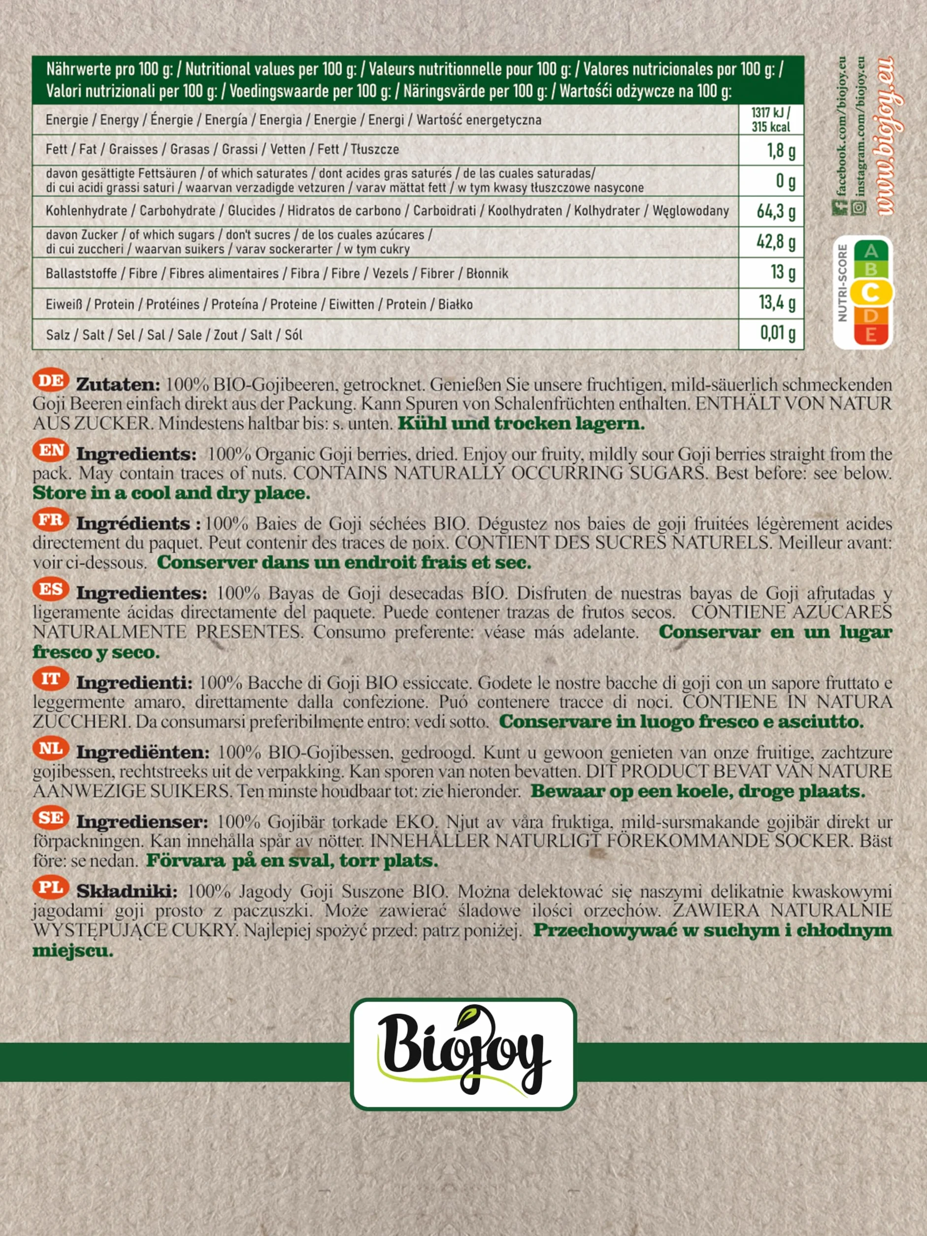 Biojoy BIO-Suszone Jagody Goji, niesłodzone i niesiarkowane 1 kg