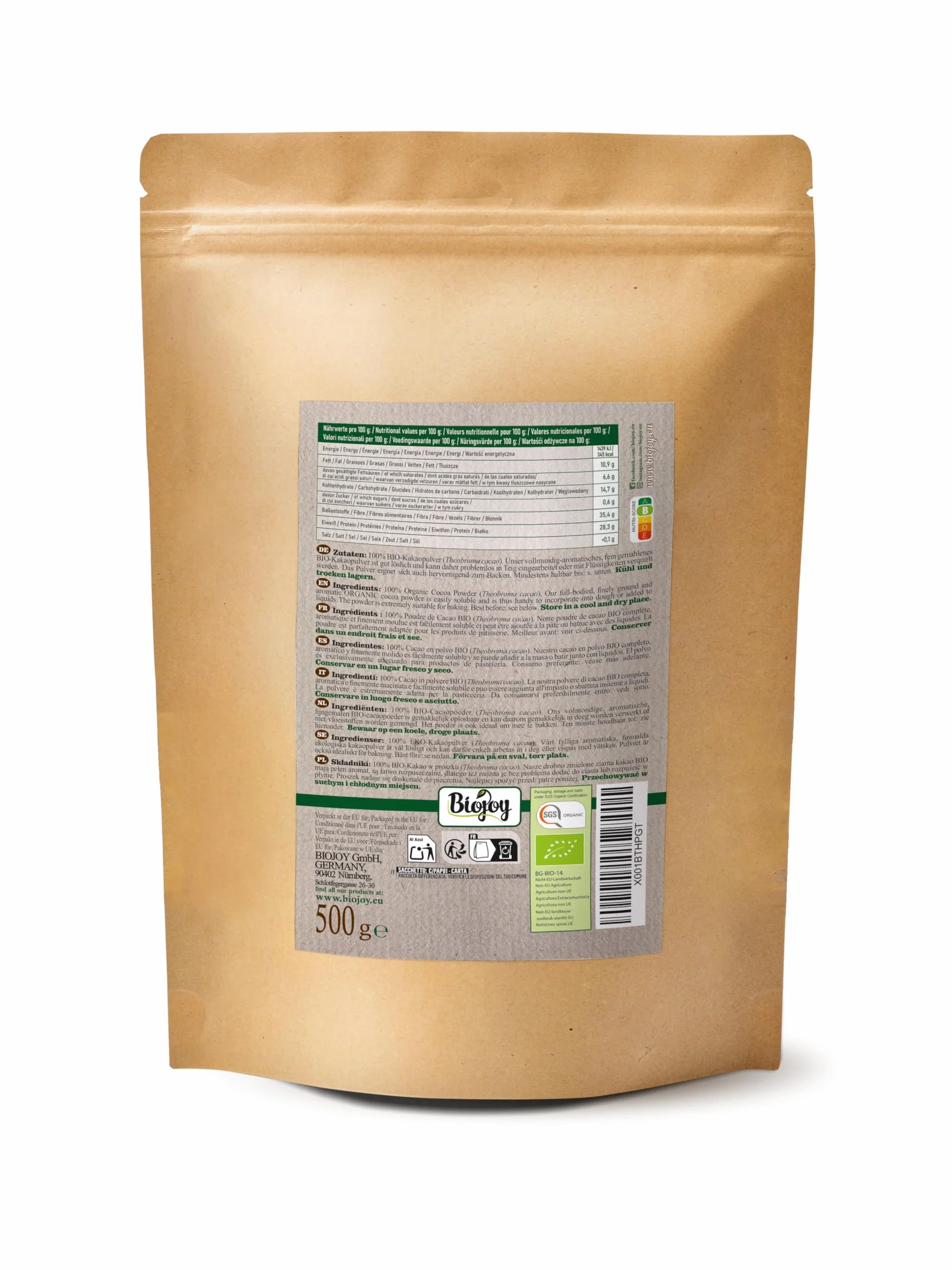 Biojoy Organiczne kakao w proszku 500 g naturalne bez dodatku cukru