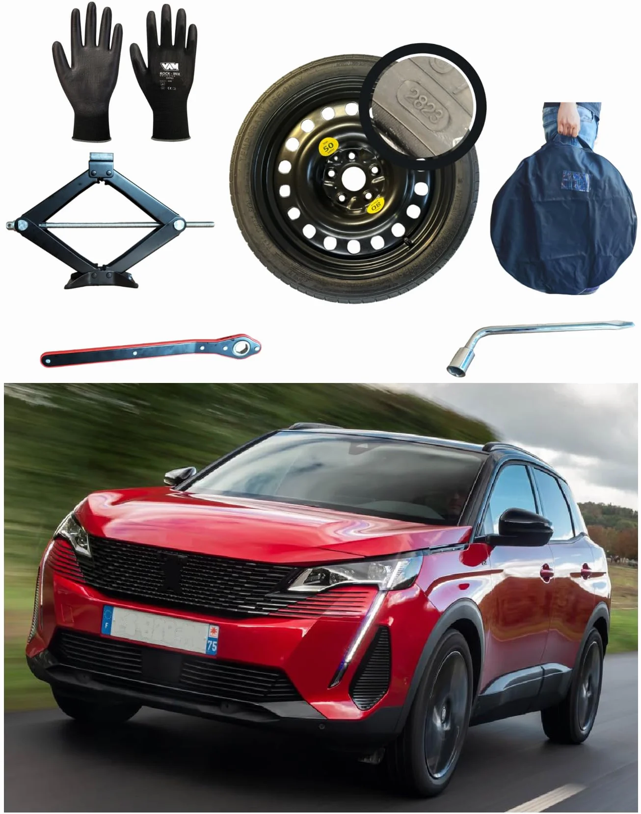 Zestaw kół zapasowych 18" kompatybilny z Peugeot 3008 (2017>) z podnośnikiem, kluczem, rękawiczkami i torbą 135/80r18