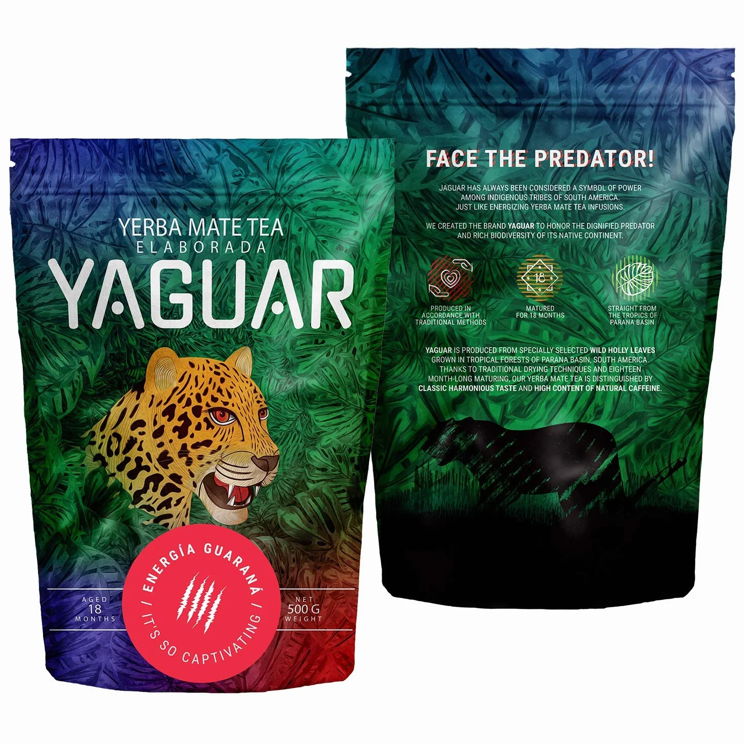 Yaguar Energia Guarana 0,5 kg | Mocno pobudzająca yerba mate z Brazylii | Wspaniały smak | Moc naturalnej kofeiny | Herbata Yerba Mate z guaraną 500 g | Tradycyjne metody produkcji