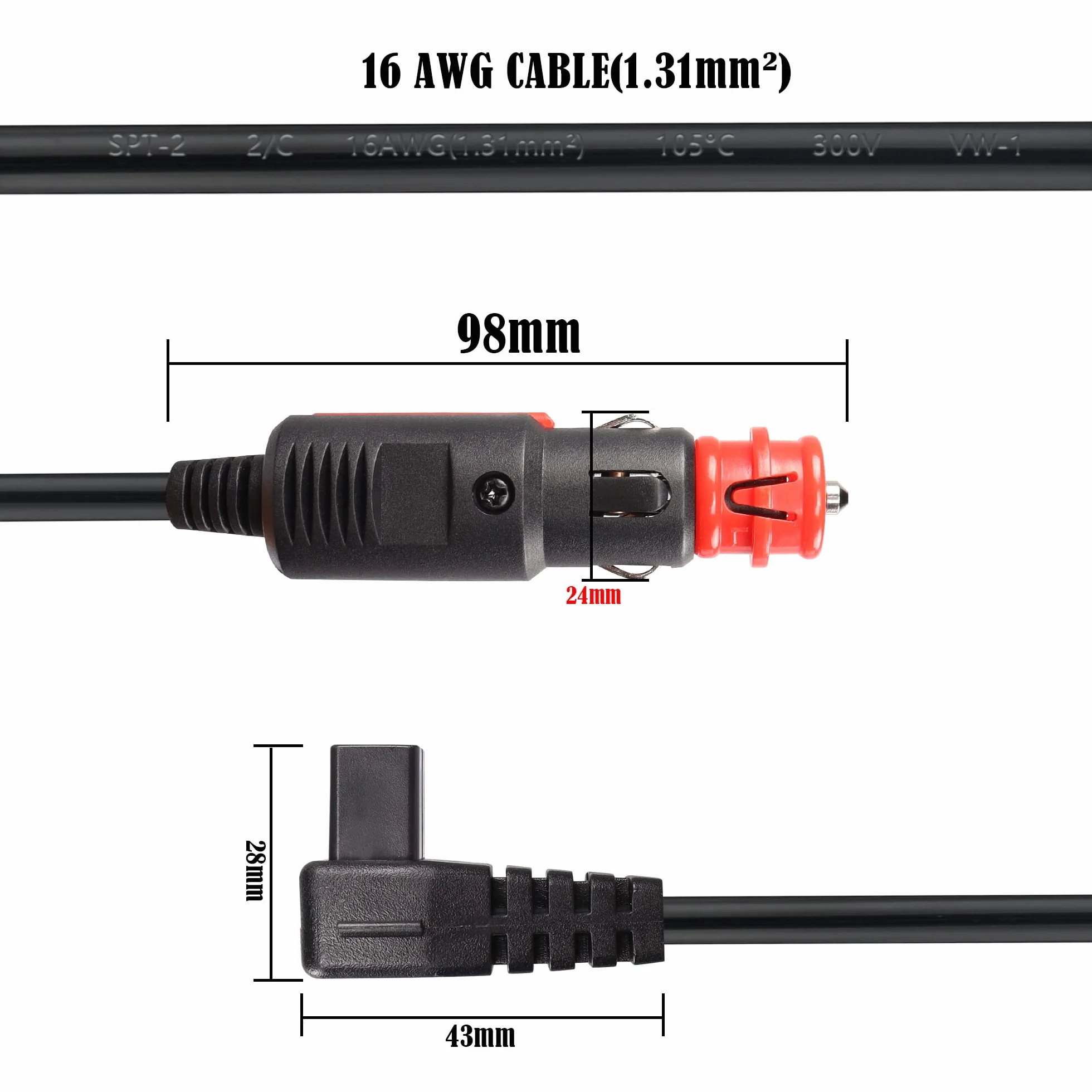 GINTOOYUN 16AWG Kabel do lodówki samochodowej 9.84FT Wtyczka zapalniczki do DC12/24V Dwupinowy kwadratowy przewód zasilający do lodówki samochodowej do przenośnej lodówki samochodowej