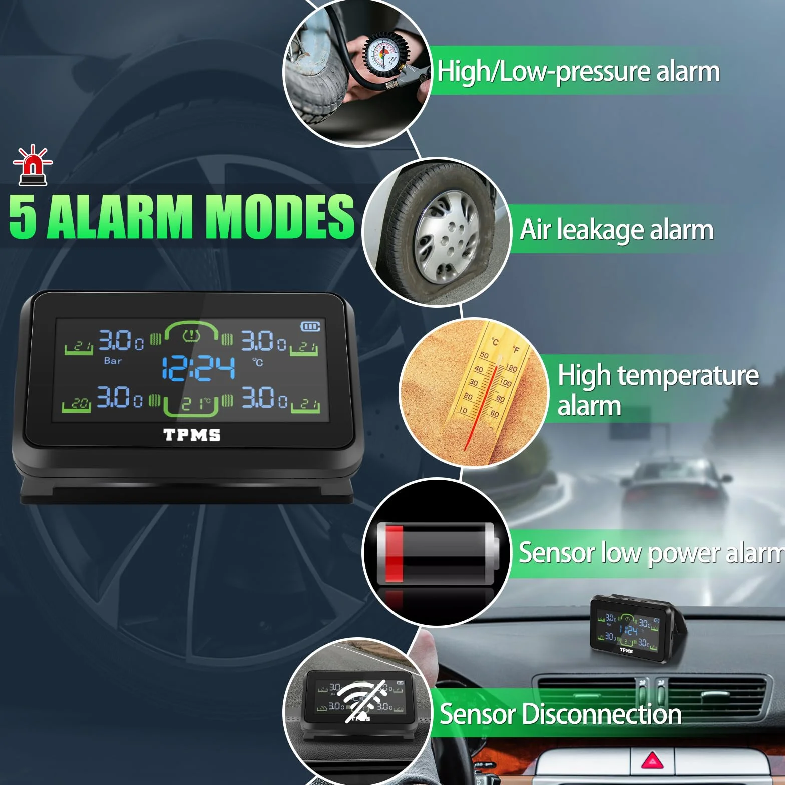 TPMS system kontroli ciśnienia w oponach, ze zdejmowanym uchwytem, ładowanie solarne/USB, 5 systemów alarmowych, 4 zewnętrzne czujniki ciśnienia w oponach, do samochodów ciężarowych, przyczep