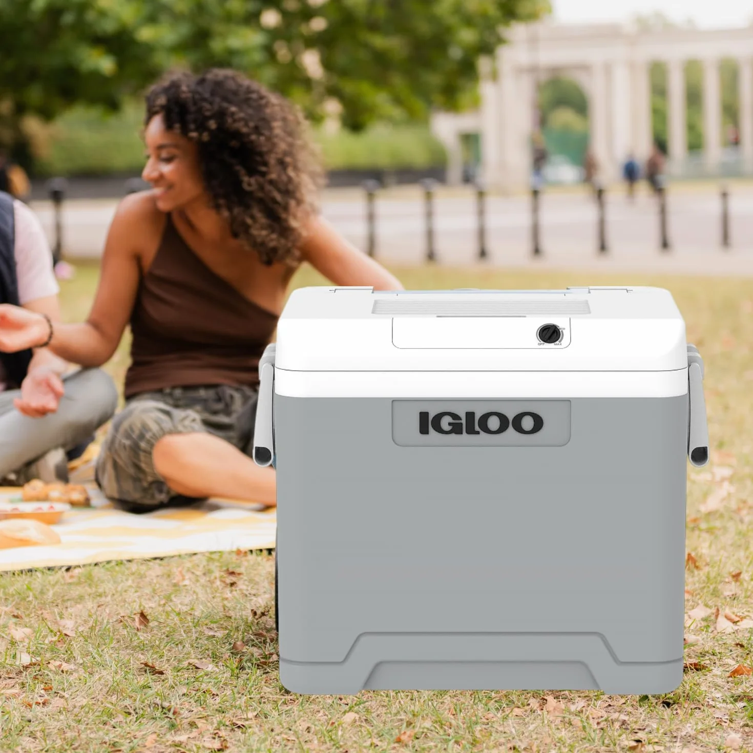 IGLOO IE42 elektryczna lodówka turystyczna 12V/230V, 42L – kompaktowa lodówka samochodowa na kemping, łódź i festiwale, z kółkami i teleskopowym uchwytem, schowkiem na kabel oraz trybem Eco/Max