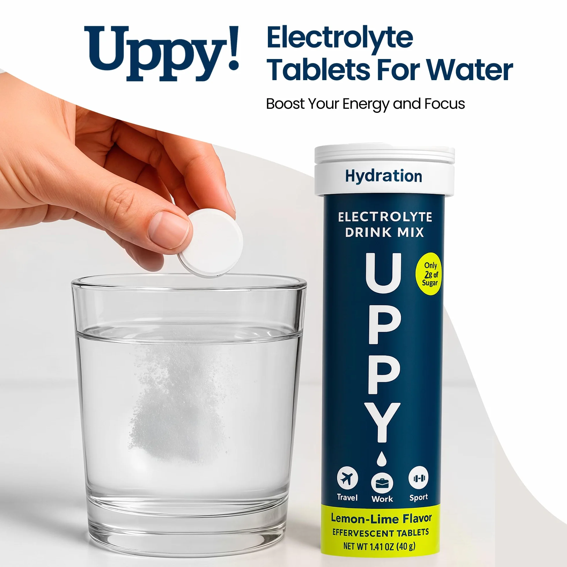 Uppy! Tabletki musujące z elektrolitami do nawadniania, cytryna-limonka z imbirem, 10 tabletek, rozpuszcza się w wodzie, na podróż i sport