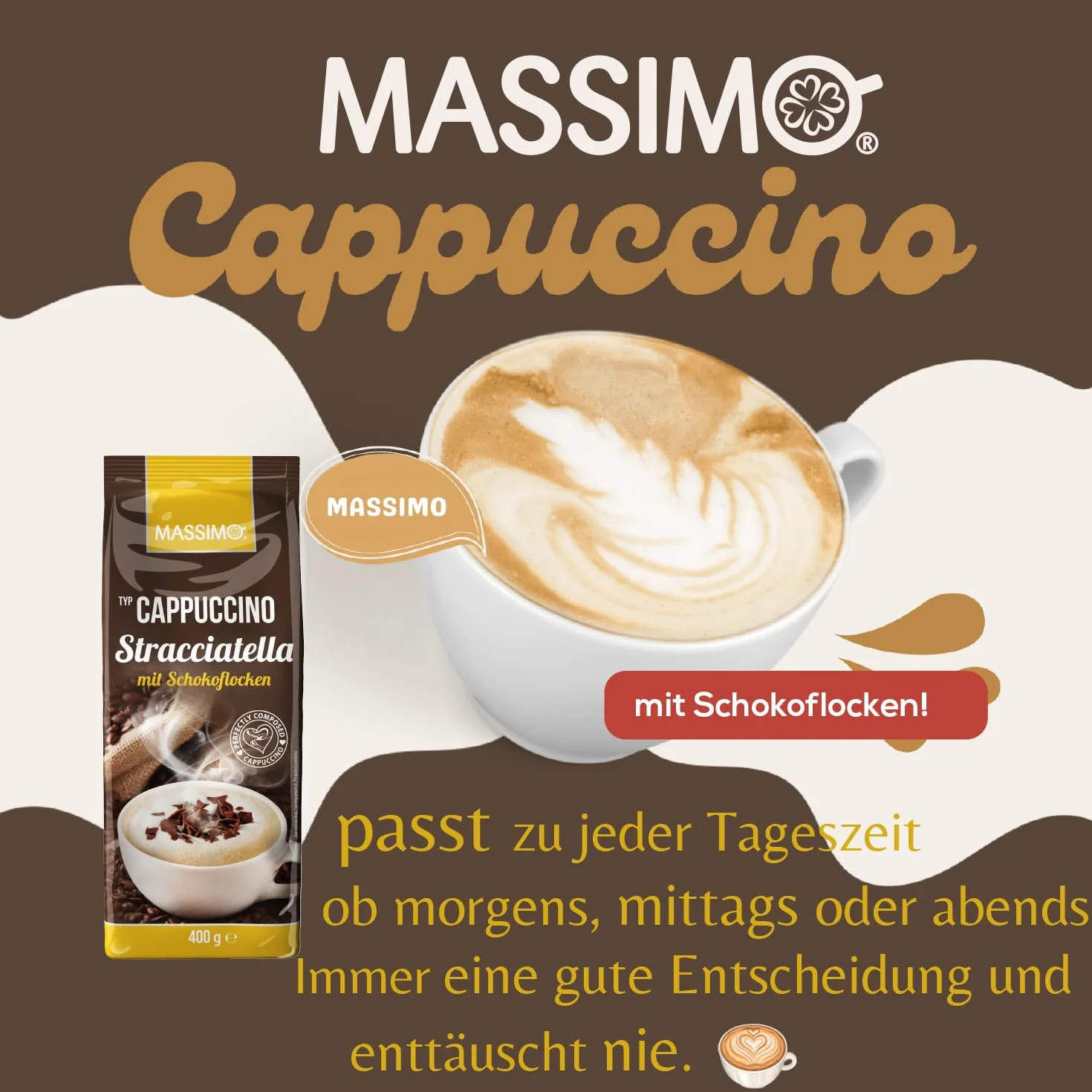 Massimo Cappuccino Stracciatella z płatkami czekolady 10 x 400 g/aromatyzowany proszek do napojów z rozpuszczalną kawą fasolową i płatkami czekolady mlecznej