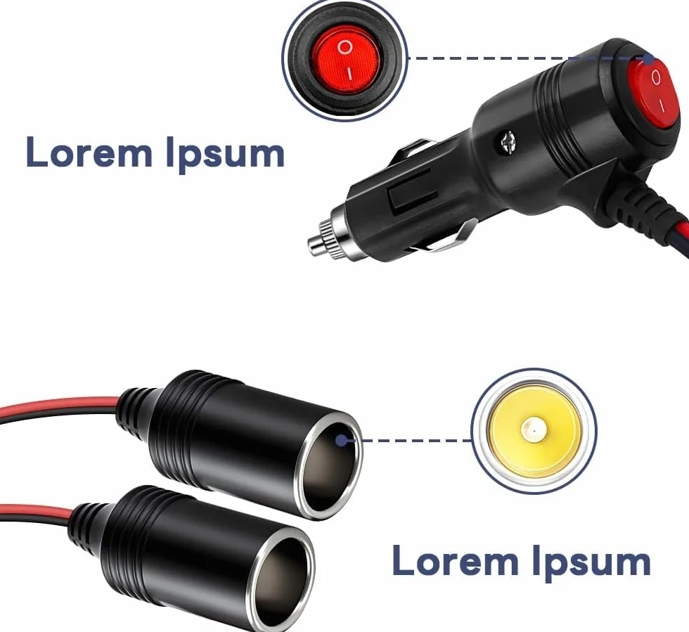 GTIWUNG 12/24 V Kabel przedłużający do zapalniczki z przełącznikiem, rozdzielacz zapalniczki samochodowej 2-drożny męski na żeński, adapter do zapalniczki ze wskaźnikiem LED, podwójny kabel do