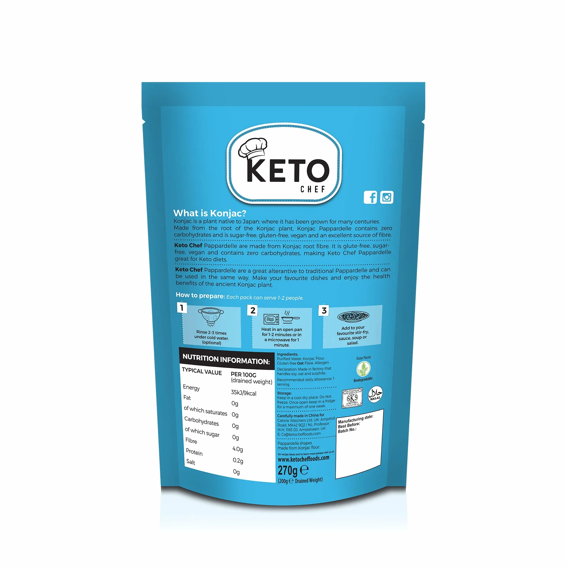 Keto Chef Konjac Pappardelle Pasta (1 x 270 g) makaron instant z włókna owsianego Shirataki, niskowęglowodanowy, bezglutenowy i bez cukru, wegański, gotowy do spożycia alternatywa, przyjazny dla diety