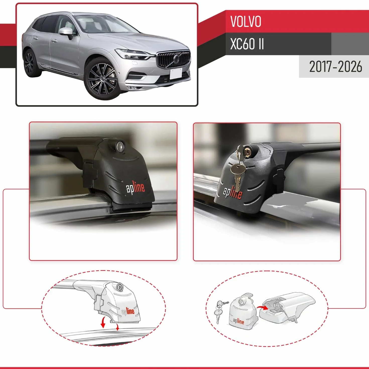 Kompatybilny z Volvo XC60 II 2017-2026 ACE-2 Model Aluminiowe poprzeczki dachowe Czarny 2 szt.