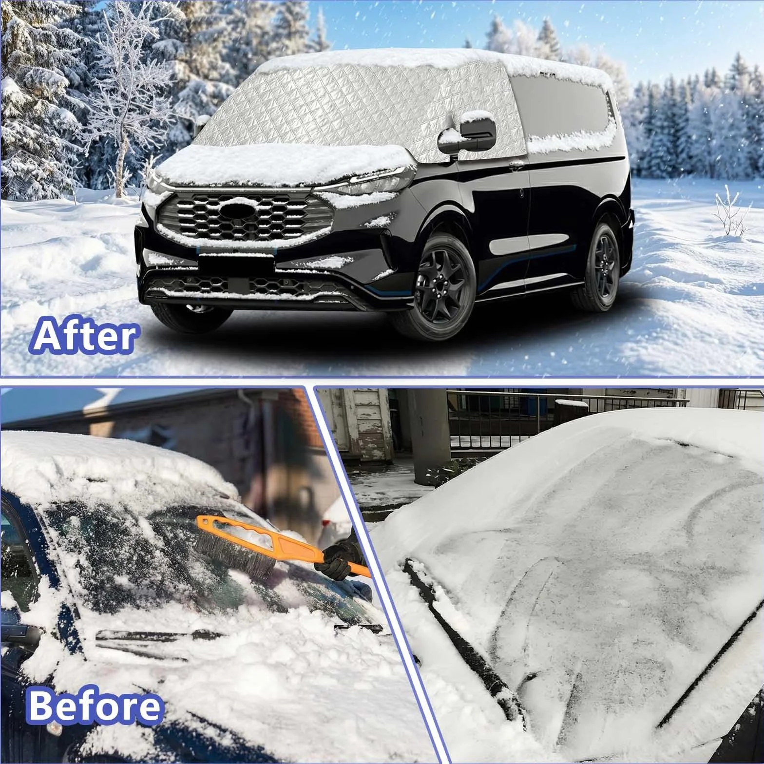 Osłona przedniej szyby kompatybilna z VW Transporter (2024-2026) | Ford Transit Custom & Tourneo Custom (2023-2026) | ochrona przed słońcem i mrozem na 4 pory roku | termiczna ochrona przed wysoką
