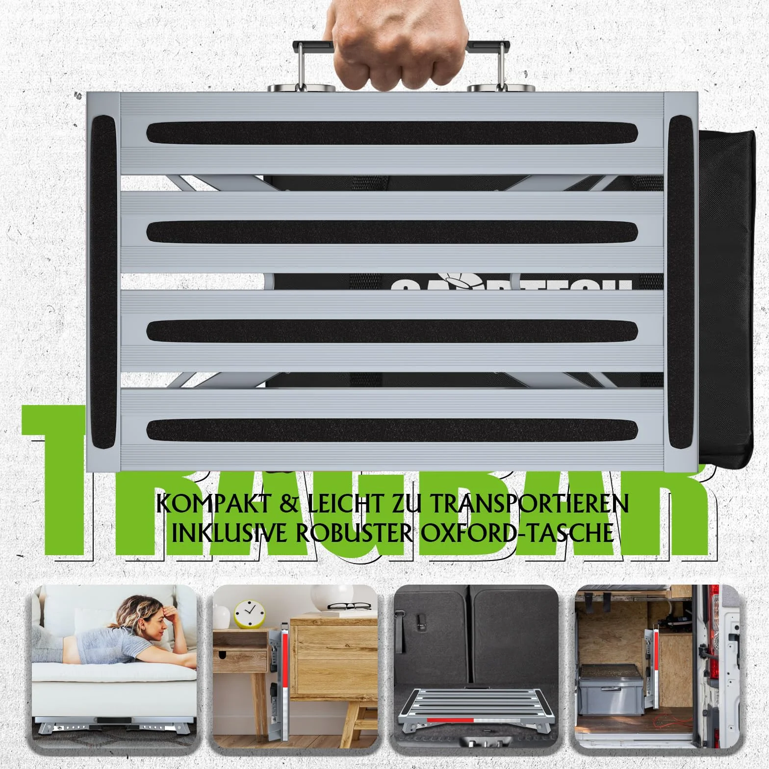 GARDTECH Krok przyczepy, aluminiowy składany krok Max Load 150 kg dla Caravan Camper SUV, Camping Bus lub jako podnóżek domowy, z paskami fluorescencyjnymi