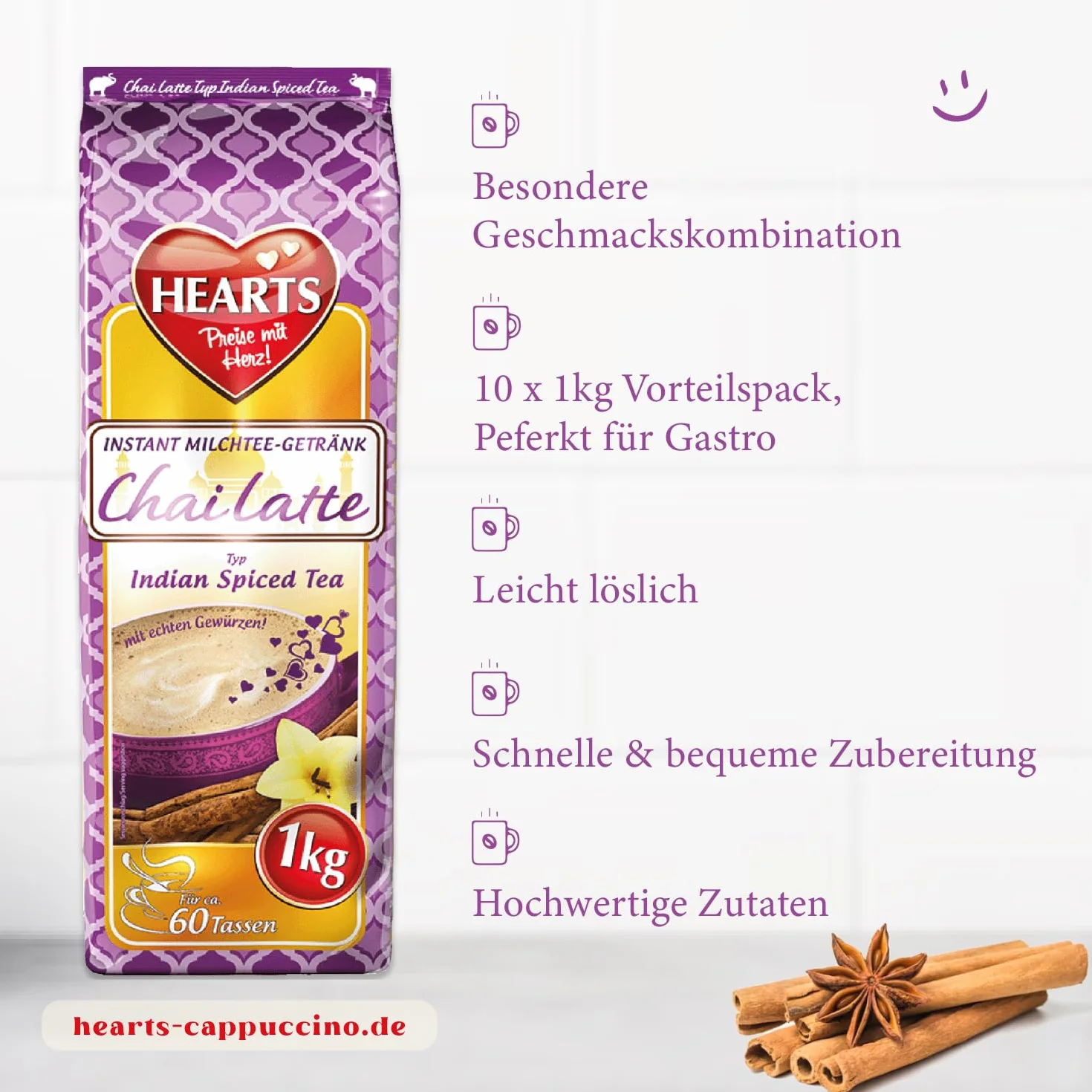 HEARTS Chai Latte natychmiastowa herbata mleczna w proszku 1 kg, 60 filiżanek