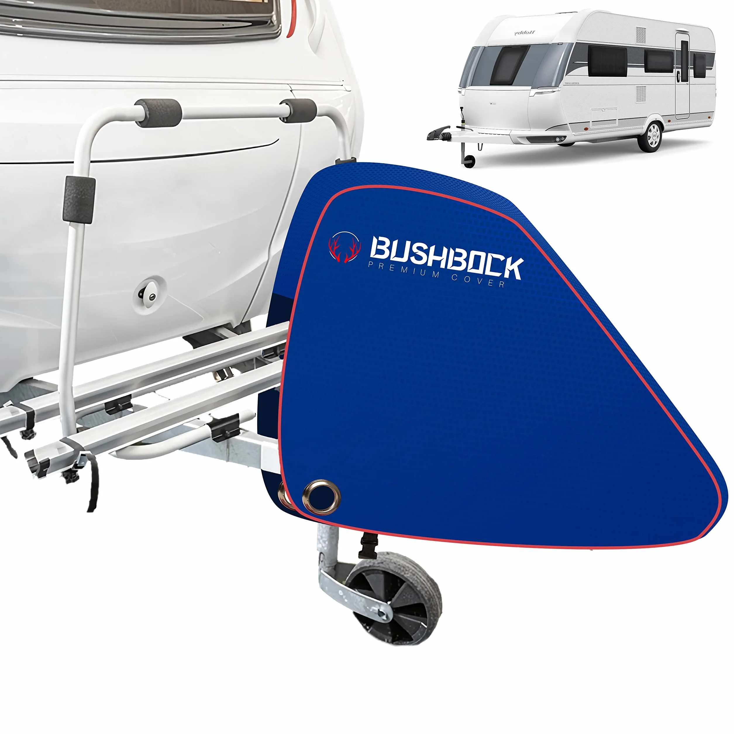 BUSHBOCK® Osłona na dyszel premium z materiału Oxford 600D z powłoką PU i reflektorami. Uniwersalna osłona dyszla - również do przyczep kempingowych/przyczep ze sprzęgłem zapobiegającym i zamkiem skrzynkowym (niebieska)