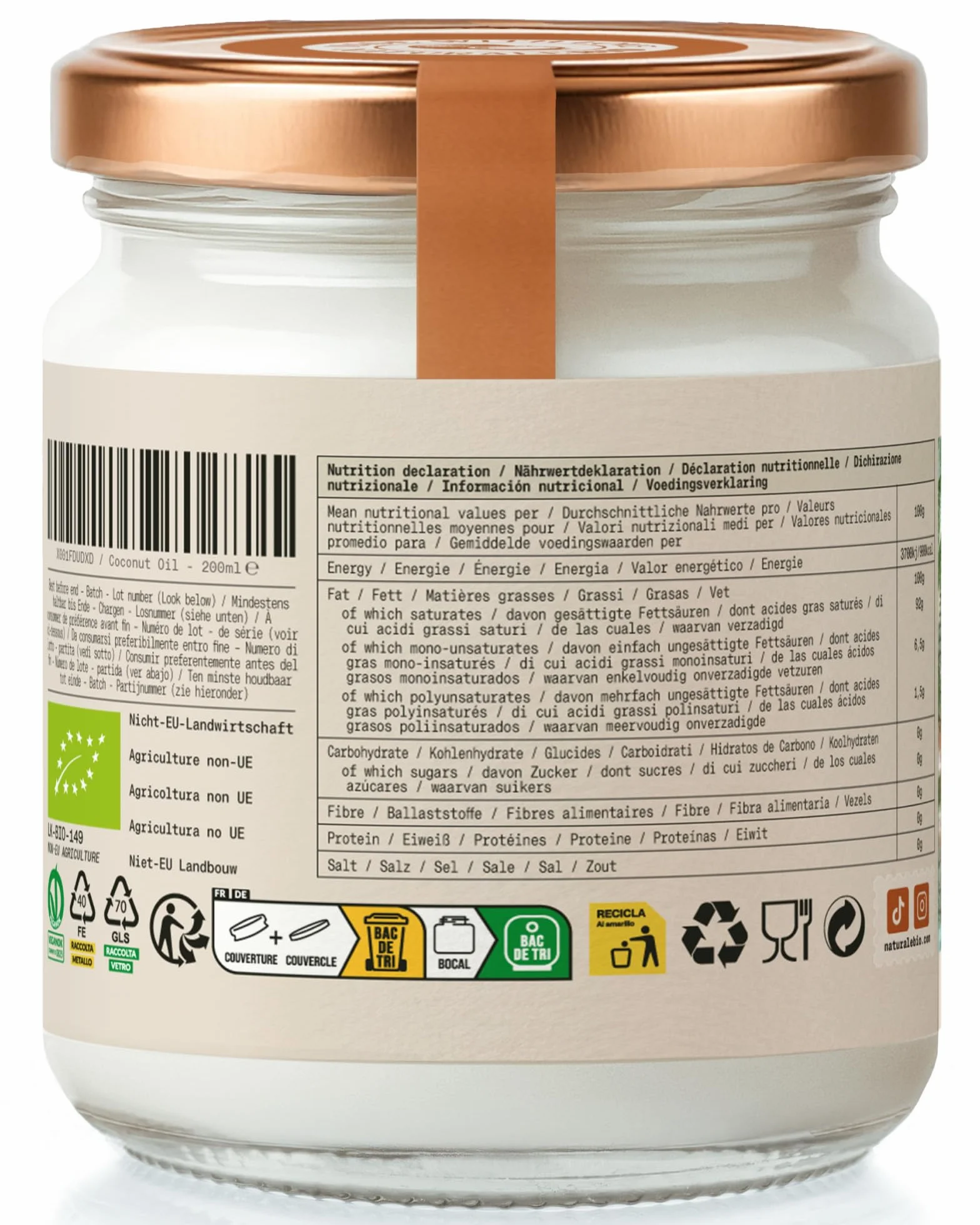 NaturaleBio Olej kokosowy ekologiczny Extra Virgin 200 ml