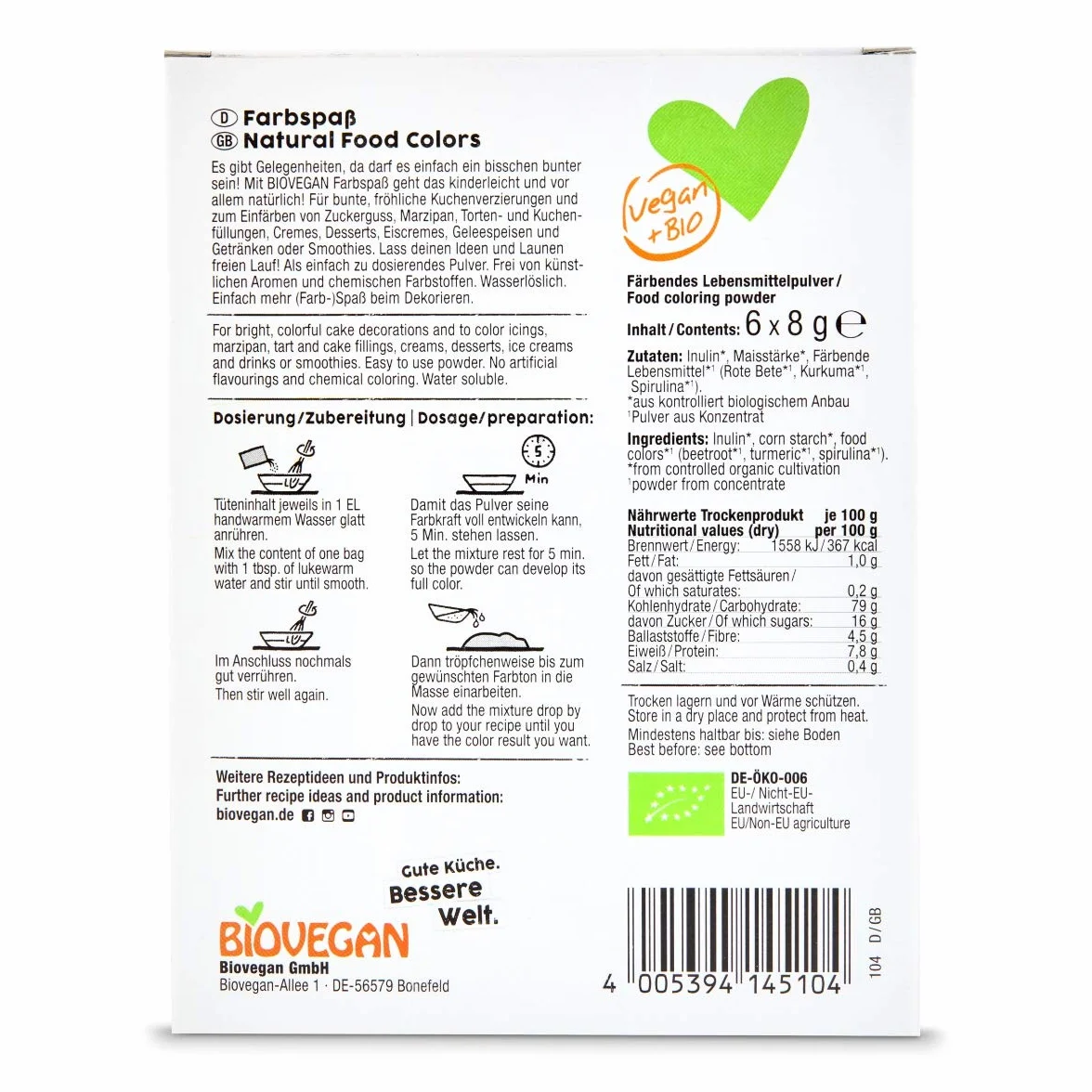BARWNIKI SPOŻYWCZE BEZGLUTENOWE BIO 5 x 8 g - BIO VEGAN