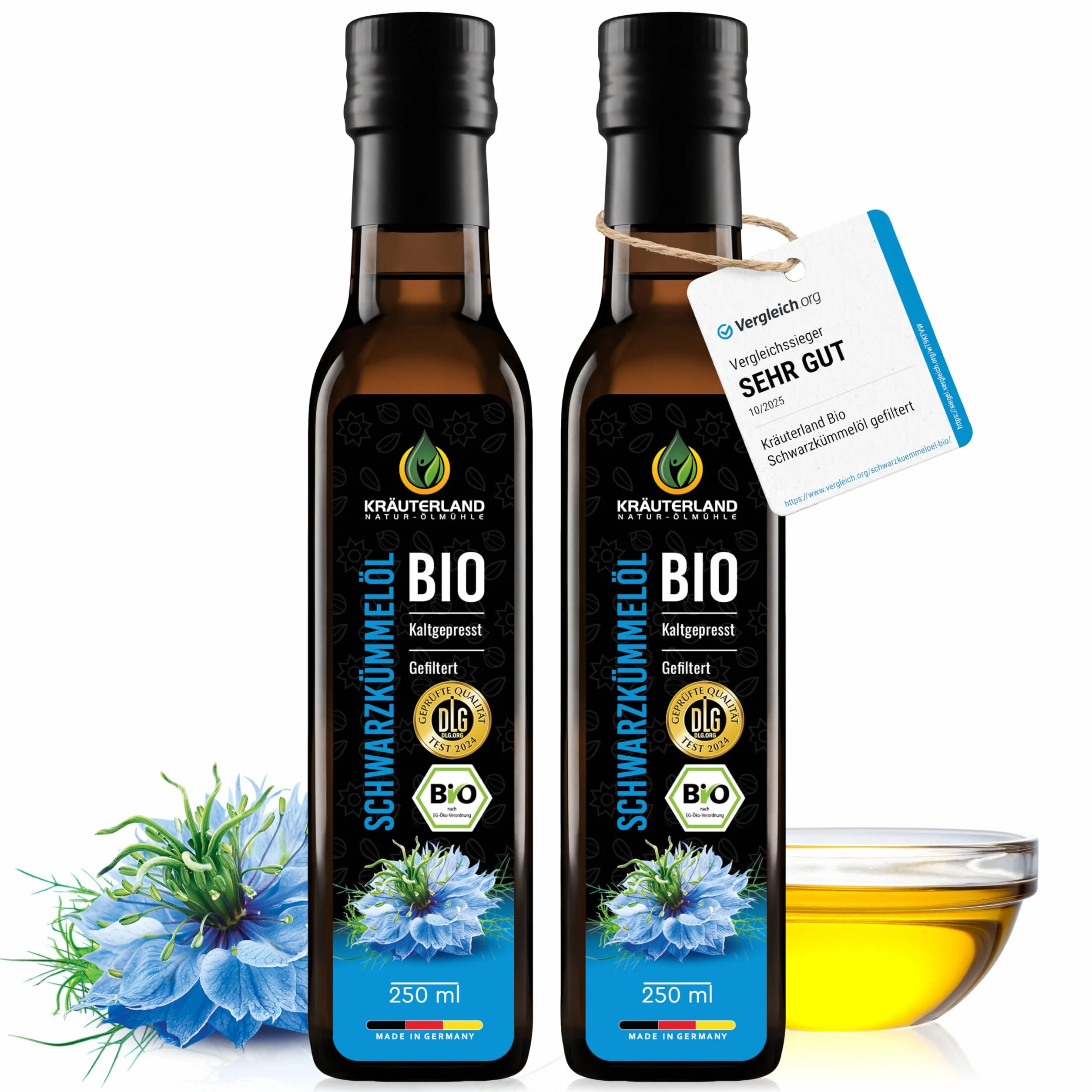 Kräuterland - organiczny olej z czarnuszki, filtrowany 2x250ml - 100% czysty, delikatnie tłoczony na zimno, egipski, wegański - gwarancja świeżości: świeżo mielony codziennie bezpośrednio od producenta