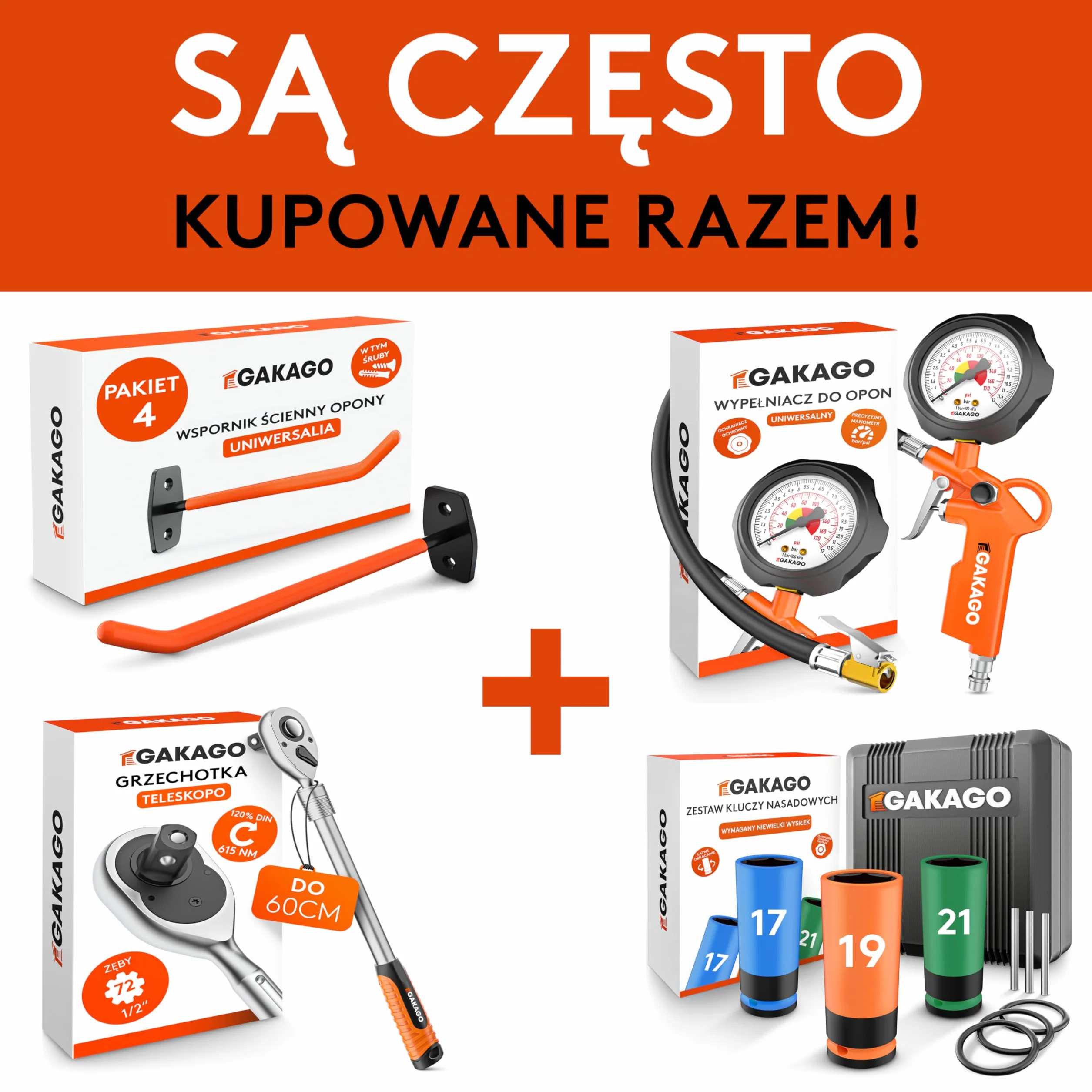 Gakago Teleskopowy zestaw kluczy do nakrętek kół z nasadkami 17/19 mm i 21/23 mm 1/2 cala - Bardzo długi, wysuwany klucz do kół - Praktyczna torba do przechowywania z rzepem i pętelką do zawieszania