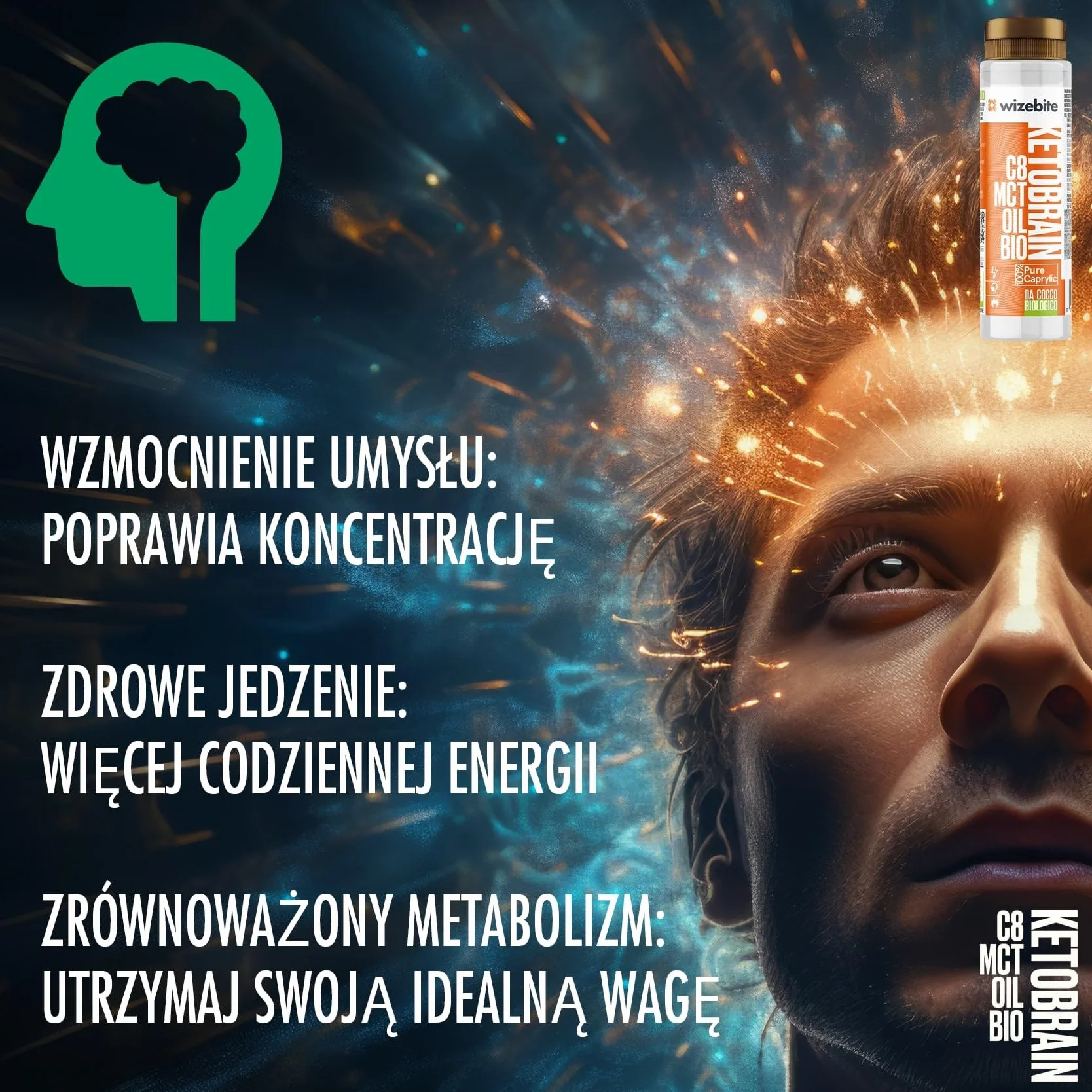 WIZEBITE - Organiczny Czysty Olej MCT C8 Squeeze KetoBrain | 250ml | 100% Kwas Kaprylowy z Oleju Kokosowego | Energia dla Umysłu, Wsparcie dla Diety Keto, Paleo i Metabolizmu Tłuszczu, Bulletproof