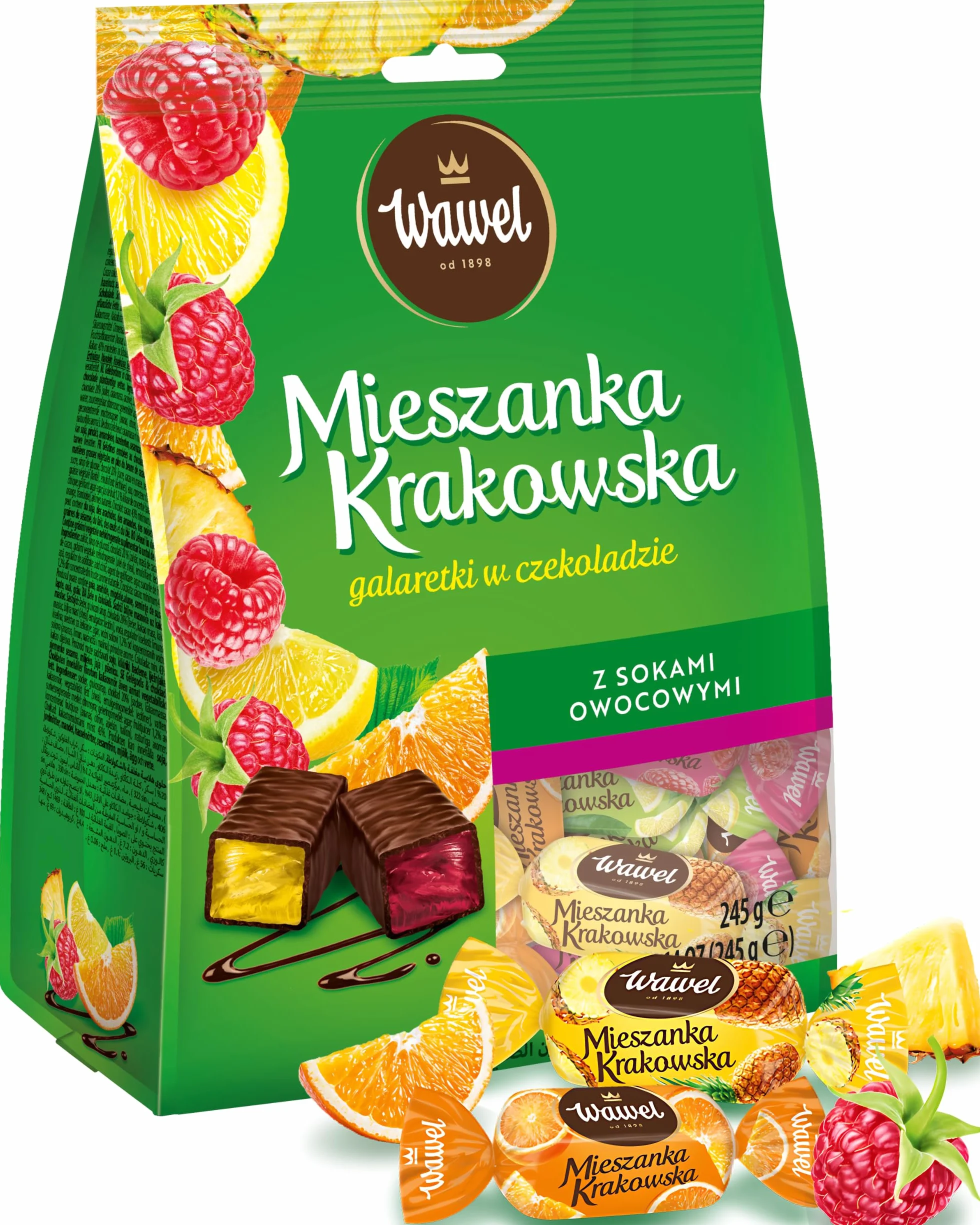 Wawel Galaretki w czekoladzie Mieszanka Krakowska cukierki z naturalnym sokiem owocowym 245g