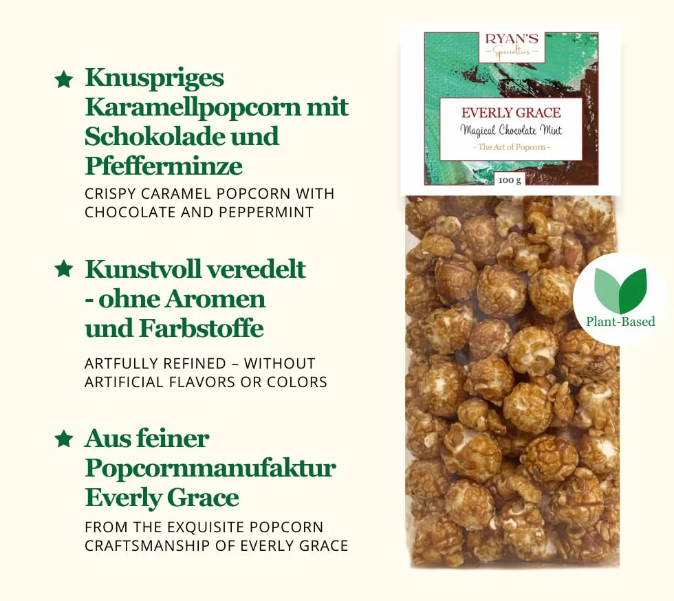 Everly Grace Popcorn Winter Bundle – Christmas Cookie, Bavarian Almond Symphony, Magical Chocolate Mint, po 100 g torebki popcornu z naszej manufaktury w Augsburgu, Niemcy