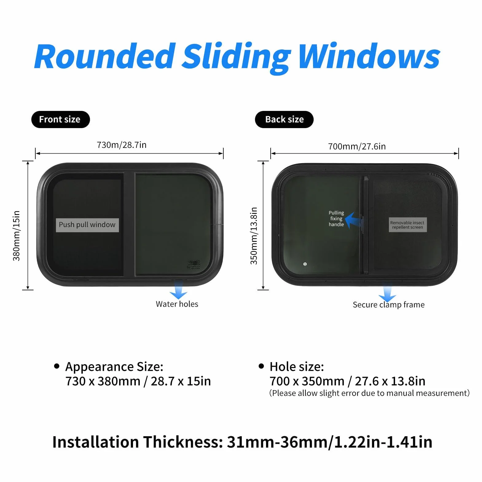 Okno przesuwne z zamkiem błyskawicznym 700 x 350 mm do przyczep marynarki wojennej domów mobilnych grubość ścian 31-36 mm