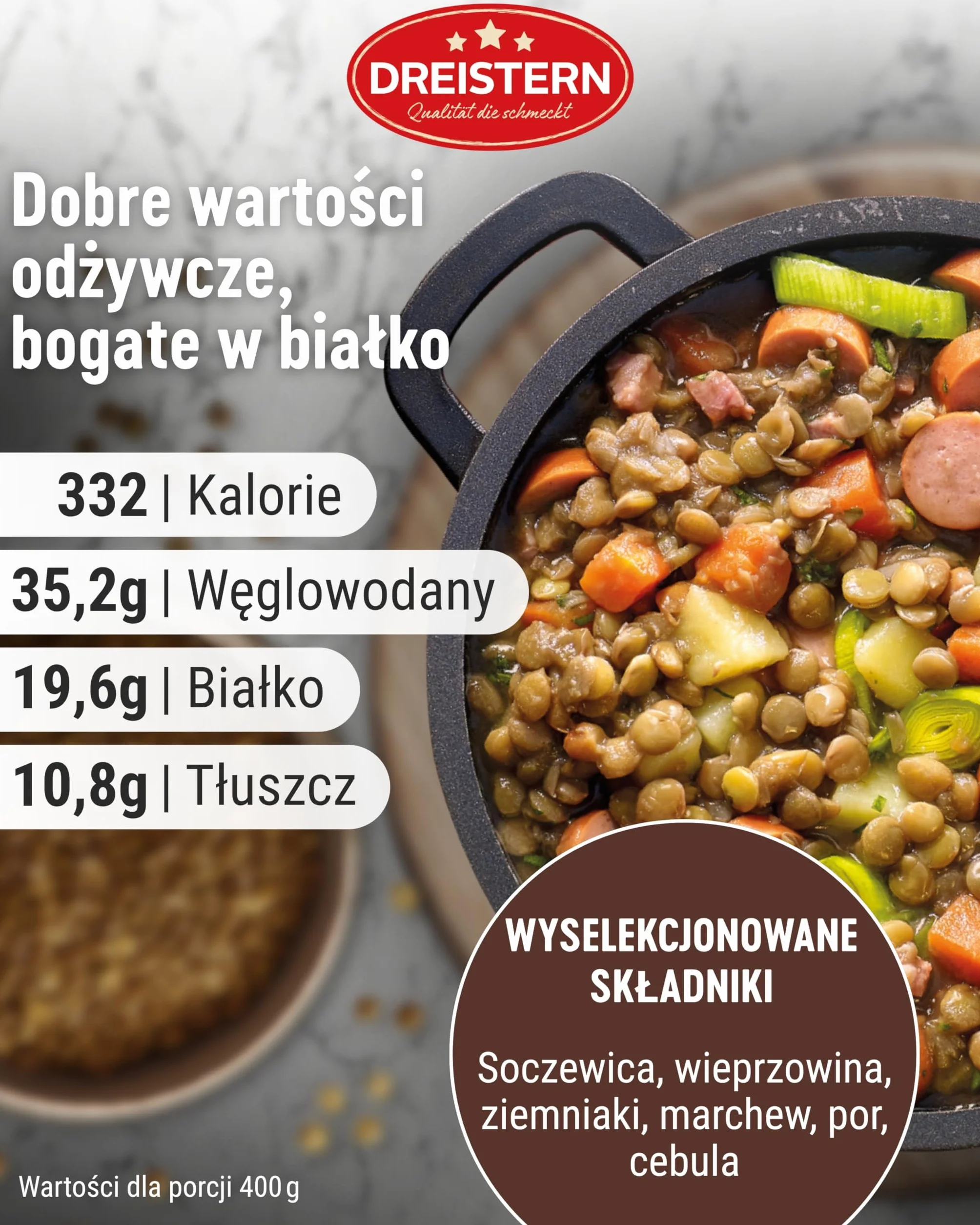 DREISTERN Gulasz z Soczewicy z Kiełbasą Wiedeńską (w Plastrach), Gotowy Posiłek, w Blaszanym Pudełku, Jakość, Która Dobrze Smakuje