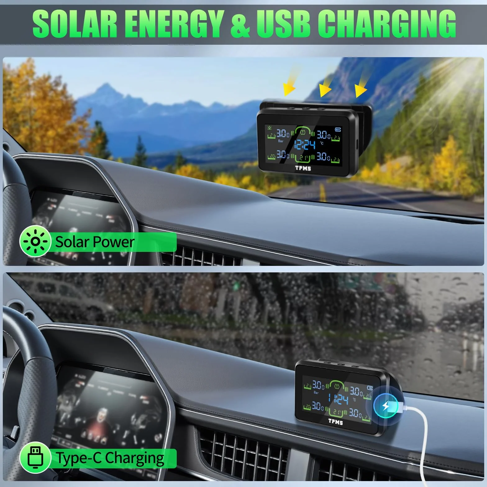 TPMS system kontroli ciśnienia w oponach, ze zdejmowanym uchwytem, ładowanie solarne/USB, 5 systemów alarmowych, 4 zewnętrzne czujniki ciśnienia w oponach, do samochodów ciężarowych, przyczep