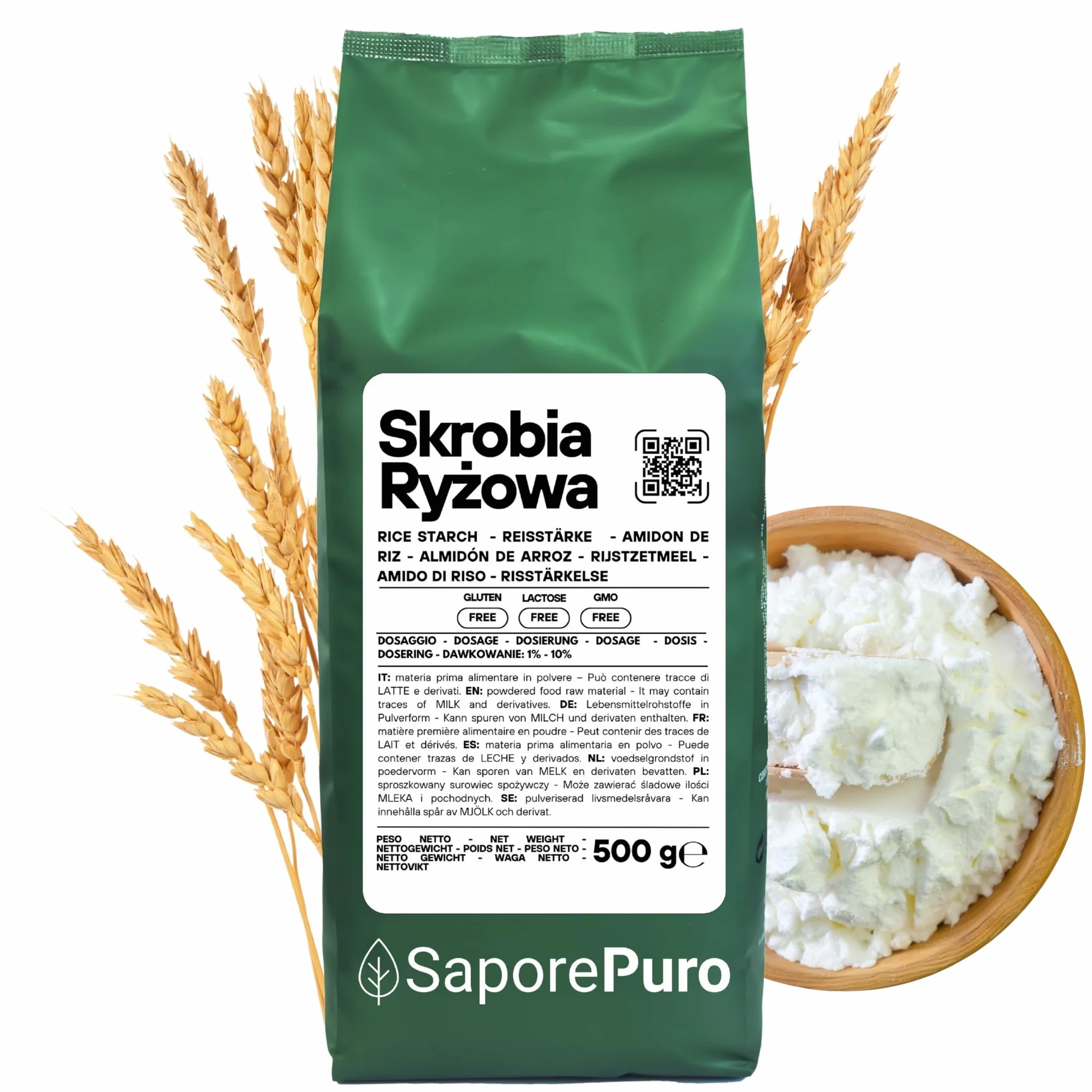 SaporePuro Naturalna Skrobia Ryżowa 500 g – Bezglutenowa, Włoska do Kosmetyki i Deserów