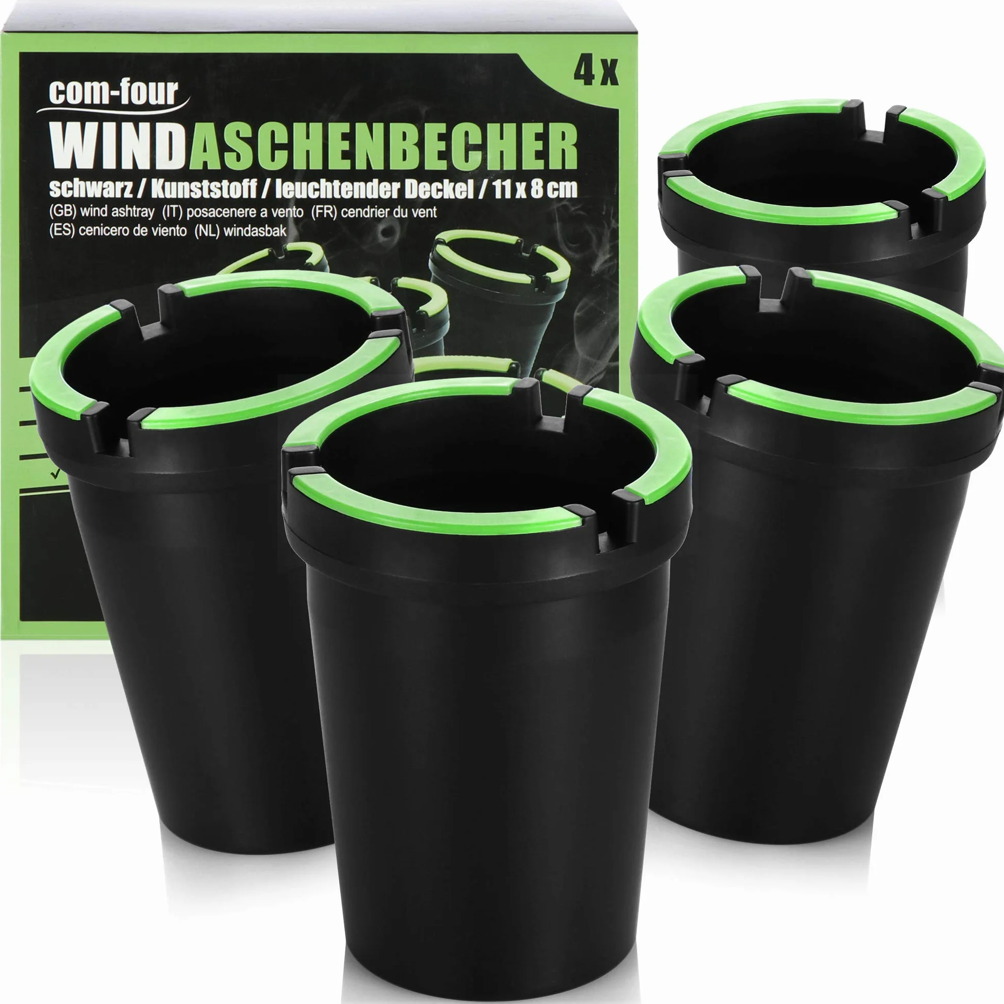 COM-FOUR® 4x popielniczka zewnętrzna - wiatroodporna popielniczka - popielniczki z oświetloną pokrywą - popielniczki, Ø 8 cm (04 sztuki - czarna)