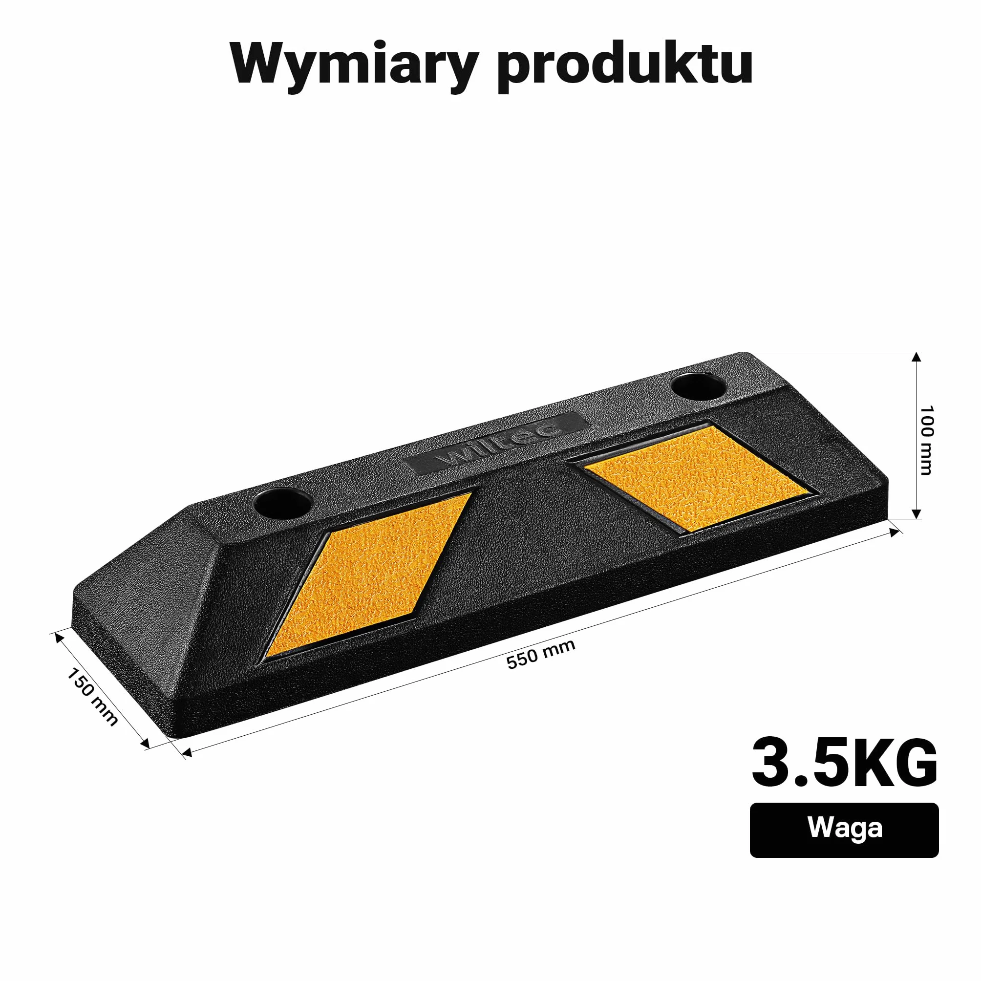 Wiltec Ogranicznik parkingowy 2 szt. 55 x 15 x 10 cm czarny z żółtą taśmą odblaskową, odbojnik gumowy do garażu i parkingu